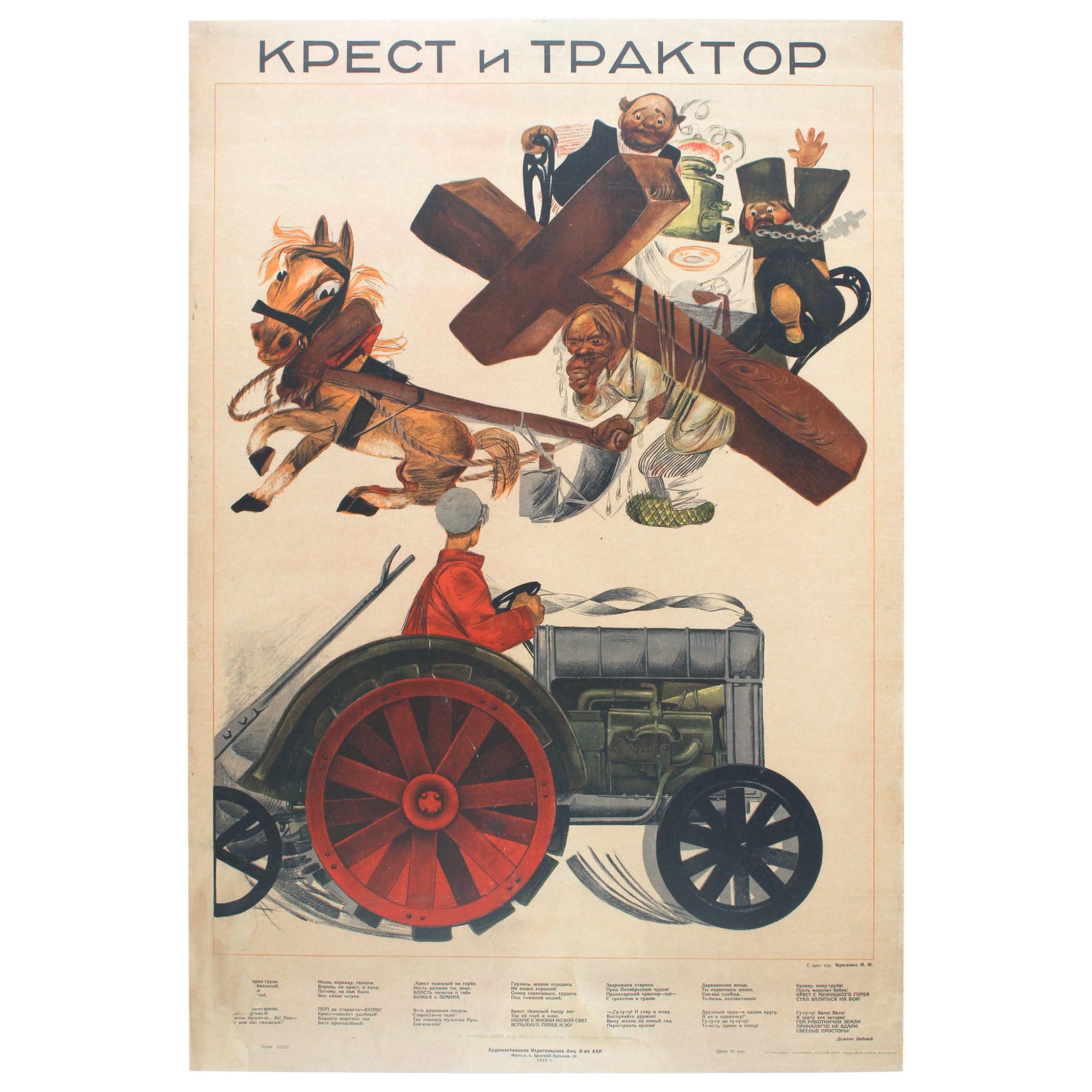 Original Vintage Anti Religion Soviet Propaganda Poster Cross And Tractor Farmer For Sale