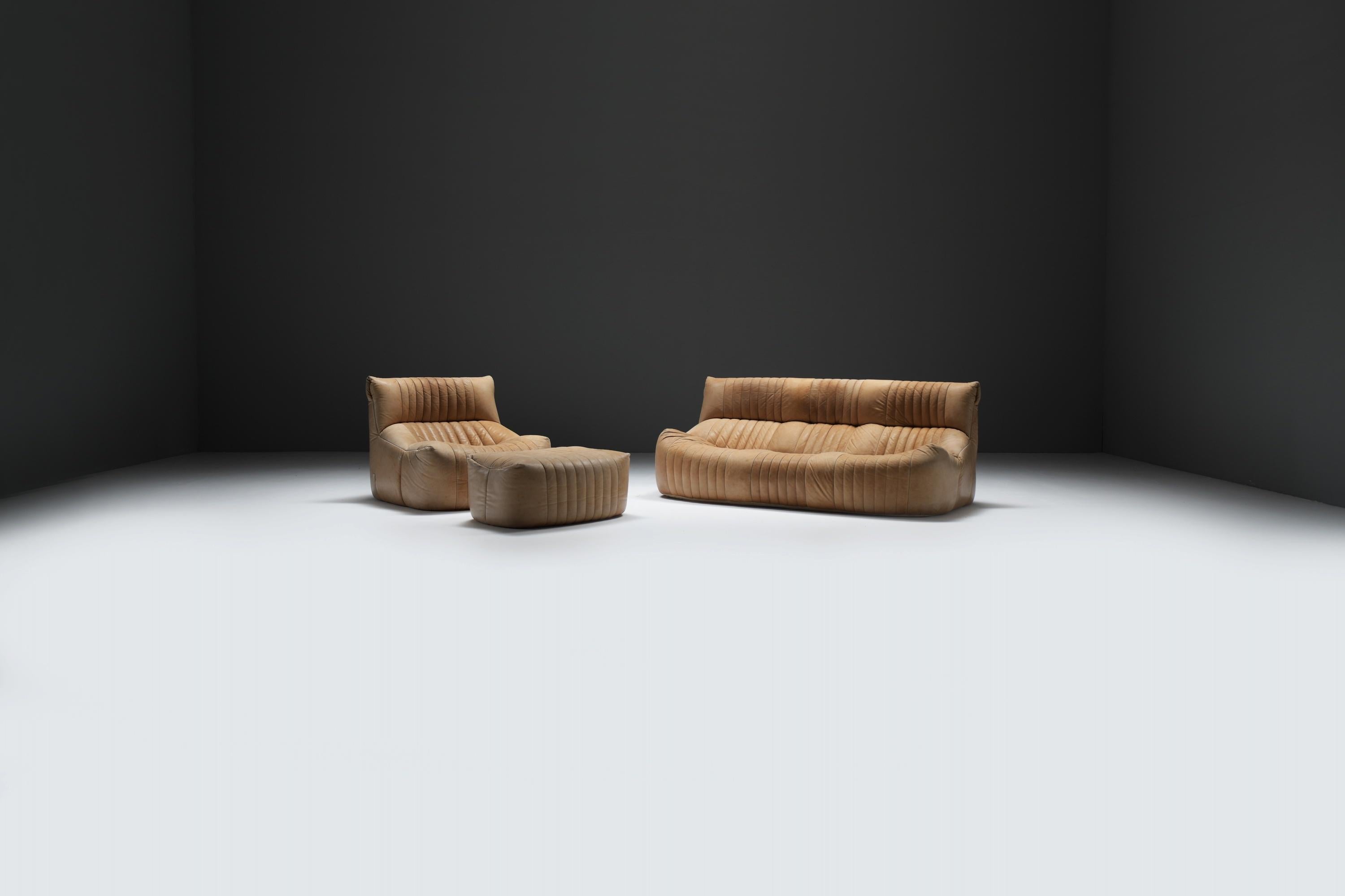 Original Vintage Aralia Set aus Naturleder 1981 von Michel Ducaroy - Ligne Roset im Zustand „Gut“ im Angebot in Buggenhout, Oost-Vlaanderen