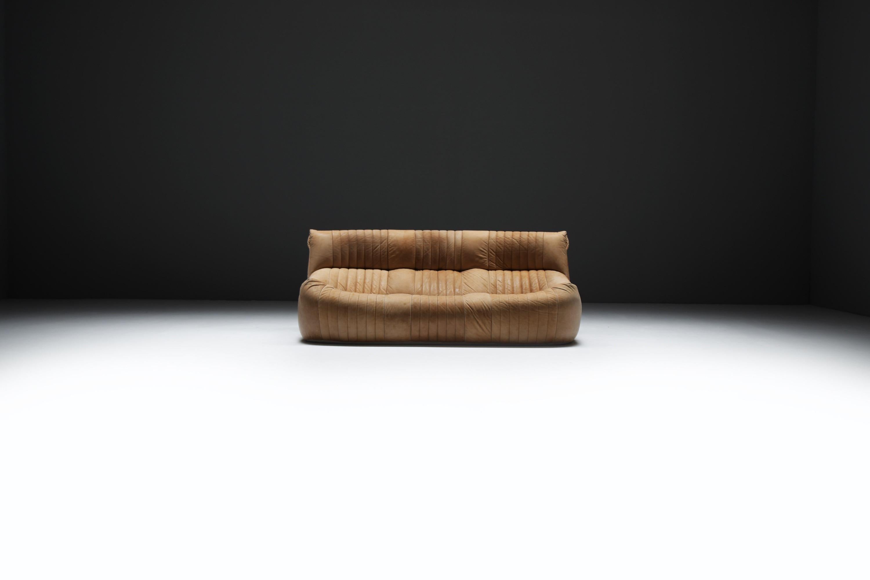 Mid-Century moderno Divano Aralia originale d'epoca in pelle naturale 1981 - Michel Ducaroy - Ligne Roset in vendita