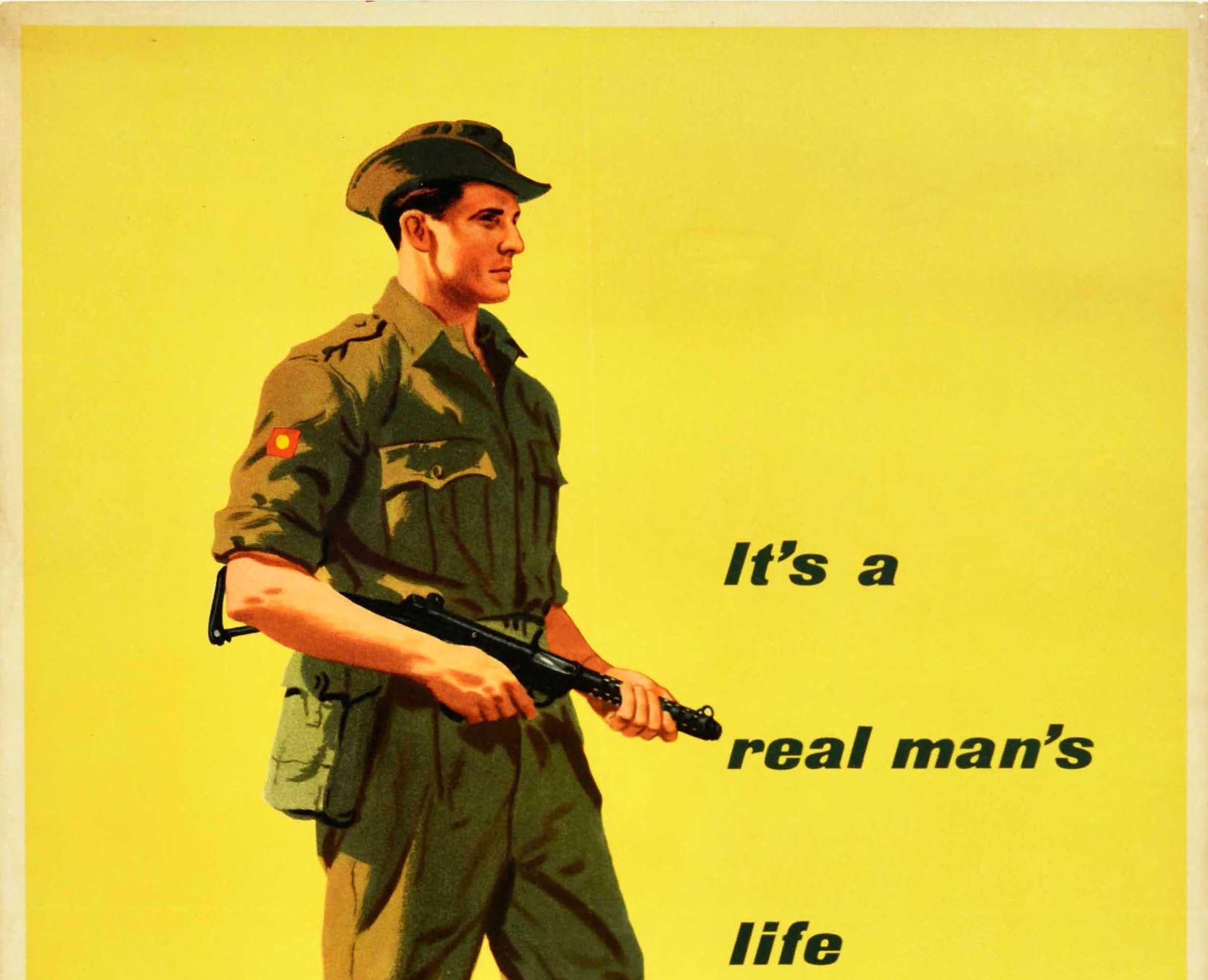 Original vintage military recruitment poster - It's a real man's life Join the Scots Guards - featuring a soldier in green uniform and holding a gun on a bright yellow background, the text on the side and below with the information - Apply to any