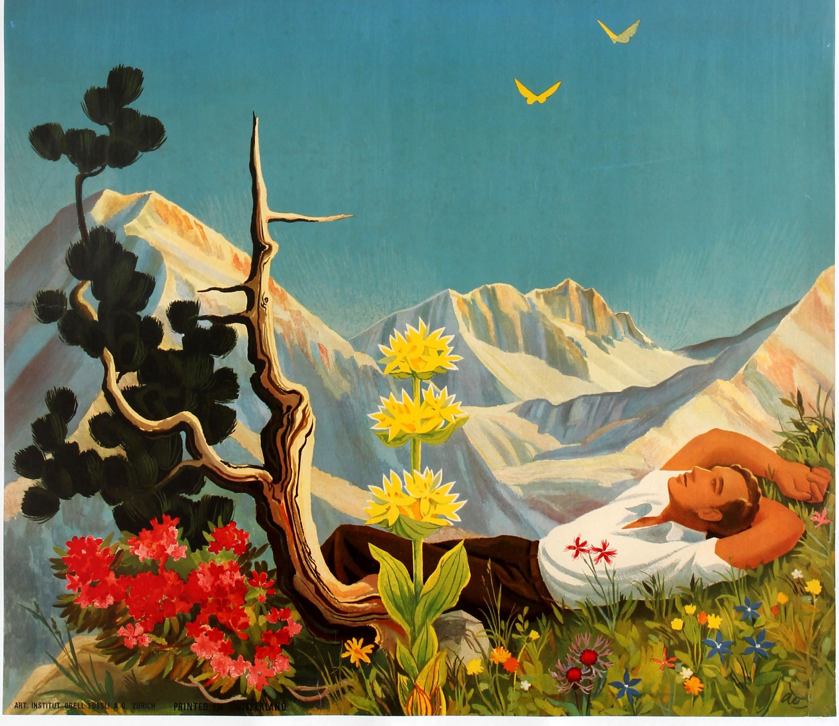Original vintage travel poster for Arosa in the Swiss Alps featuring colorful artwork by Hans Aeschbach (1911-1999) depicting a hiker lying on the grass under a bright blue sky with a tree and flowers in the foreground, two yellow birds in the sky
