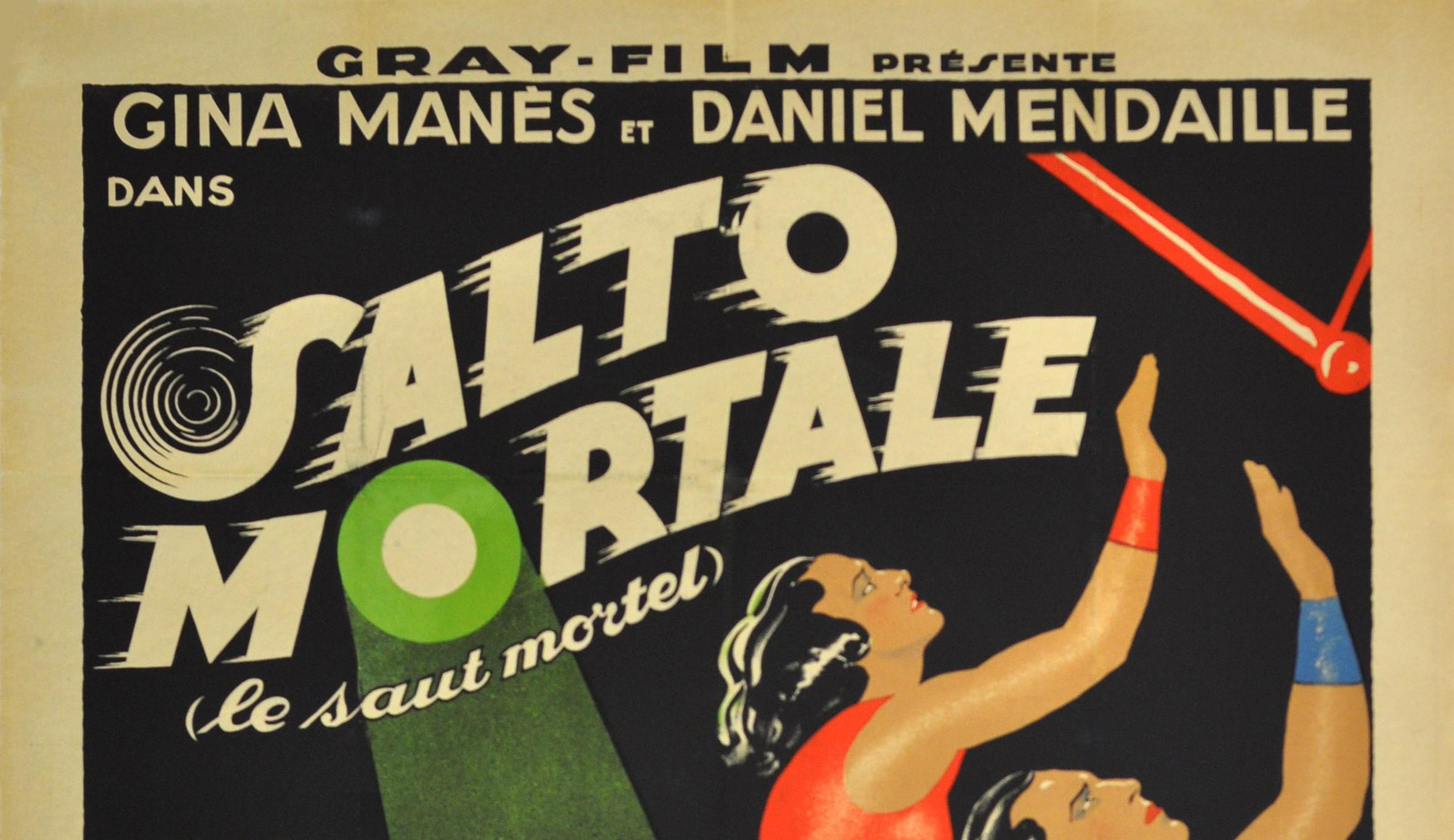 Original vintage cinema poster for a circus drama film Salto Mortale (le saut mortel)/Trapeze (the fatal leap) directed by the German director Ewald Andre Dupont and based on a novel by the French author and actor Alfred Machard. Stunning dynamic