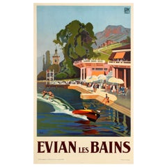 Original Vintage Art Deco Design PLM Travel Poster for Evian Les Bains Spa Town