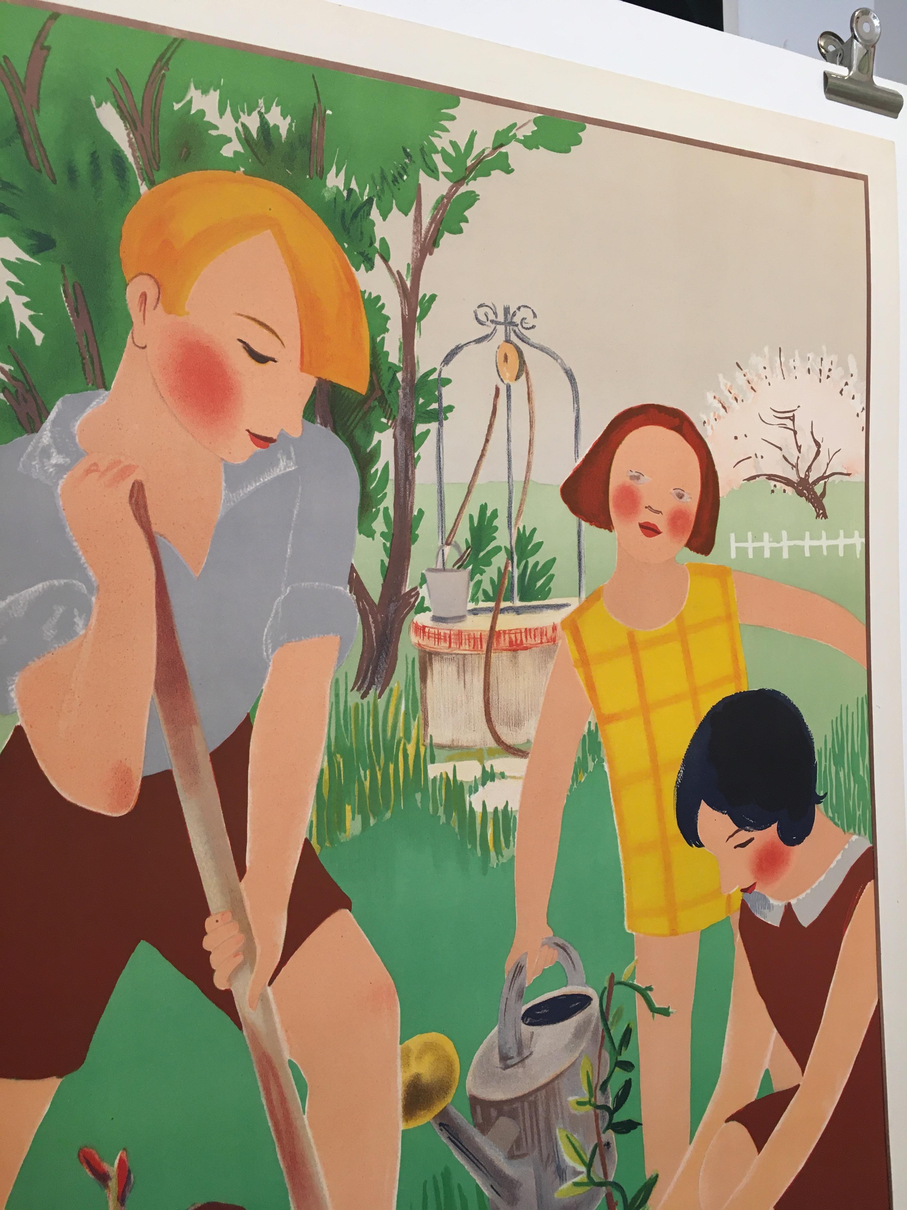 Original vintage Art Deco Gardening Poster, 'L’ Art L’Ecole', 1931 by R. Rochette

Original Art Deco poster featuring children gardening. This poster was designed by R. Rochette, the poster itself is in good condition and has been linen backed for