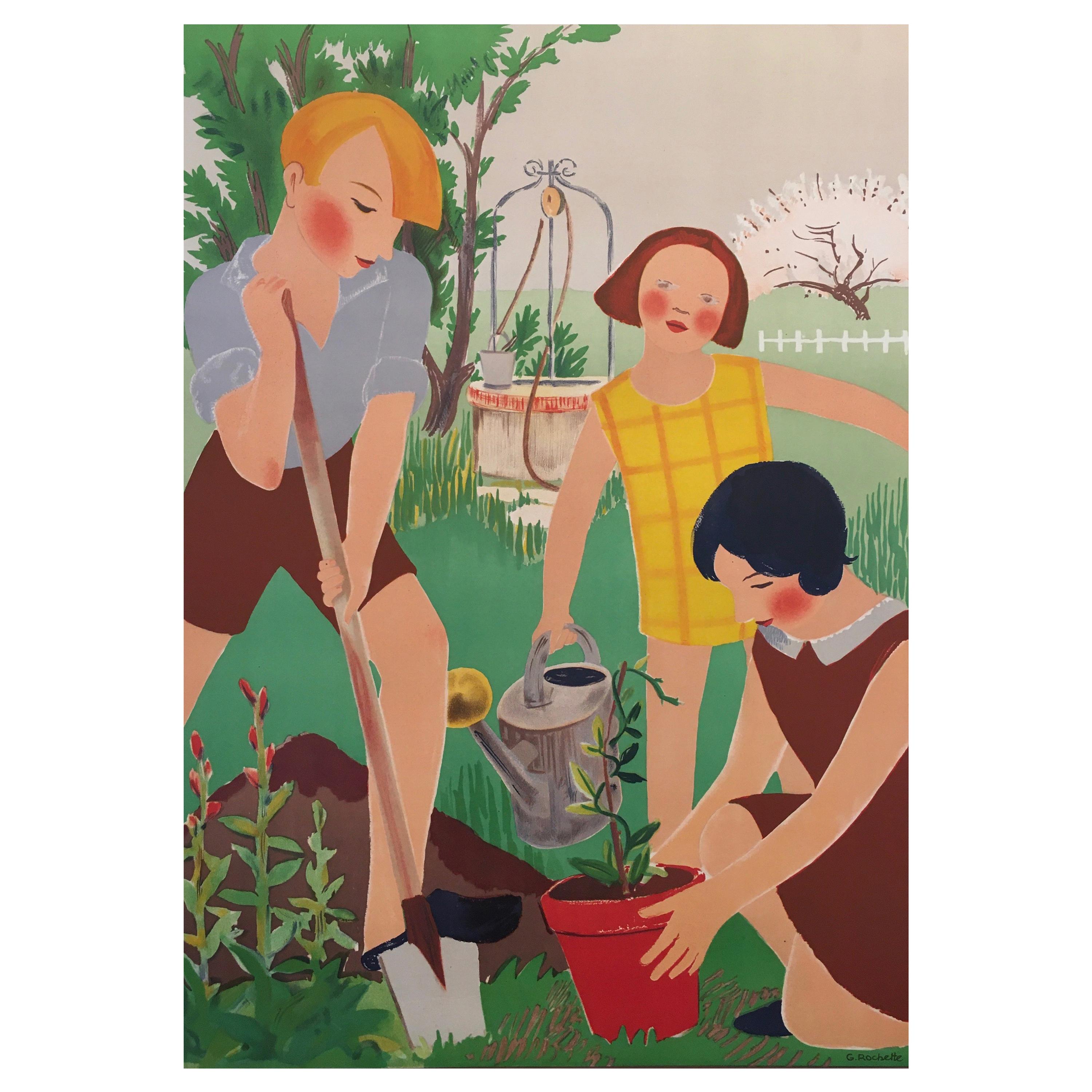 Original Vintage Art Deco Gardening Poster, 'L’ Art L’Ecole', 1931 by R. Rochett