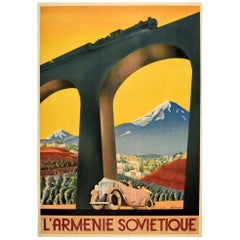 Original Vintage Art Deco Intourist Poster Soviet Armenia Ft Classic Car & Train
