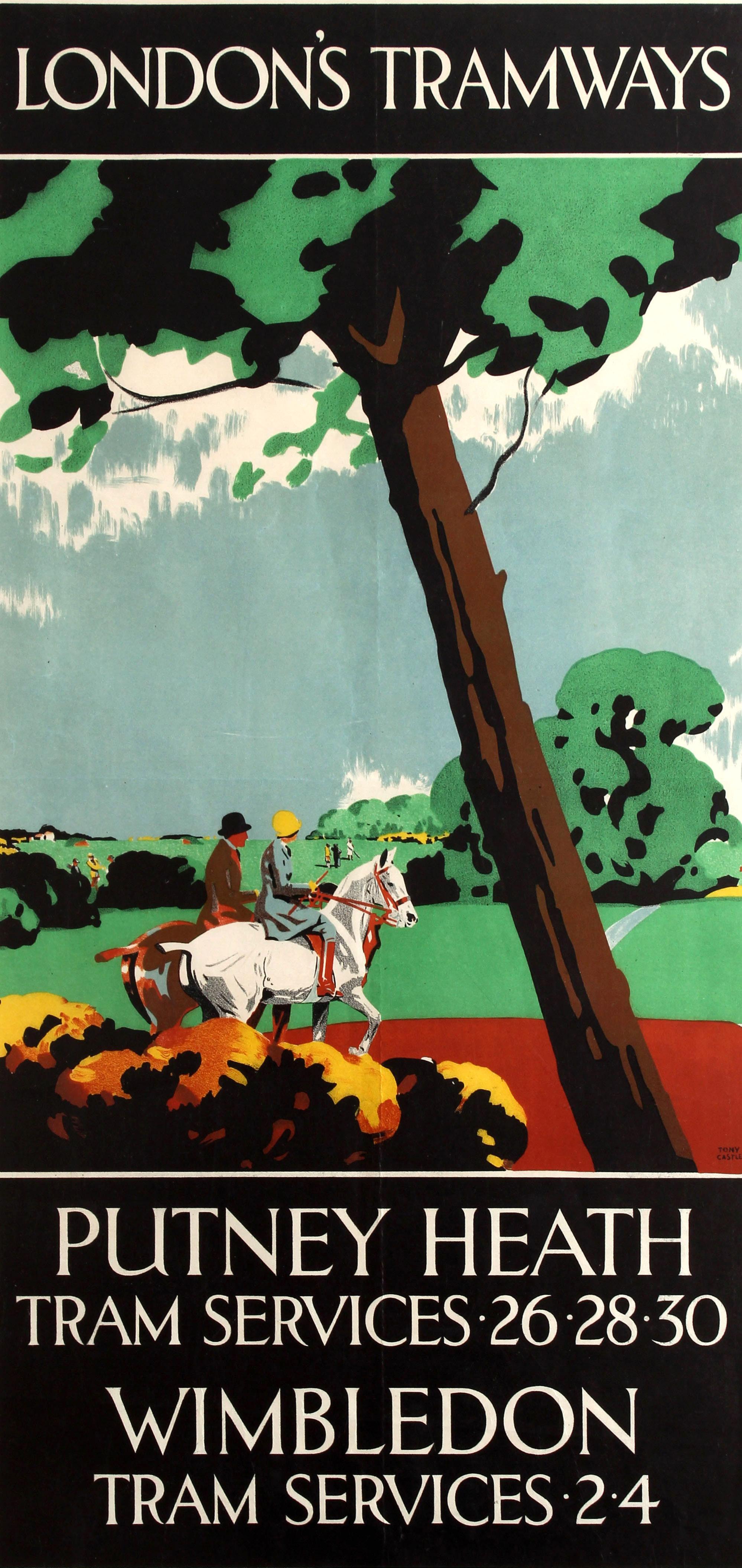 Original vintage travel advertising poster published by London County Council for London's Tramways Putney Heath and Wimbledon services. Great Art Deco style artwork by Tony Castle (1891-1971) featuring a man and lady riding horses on the heath, a