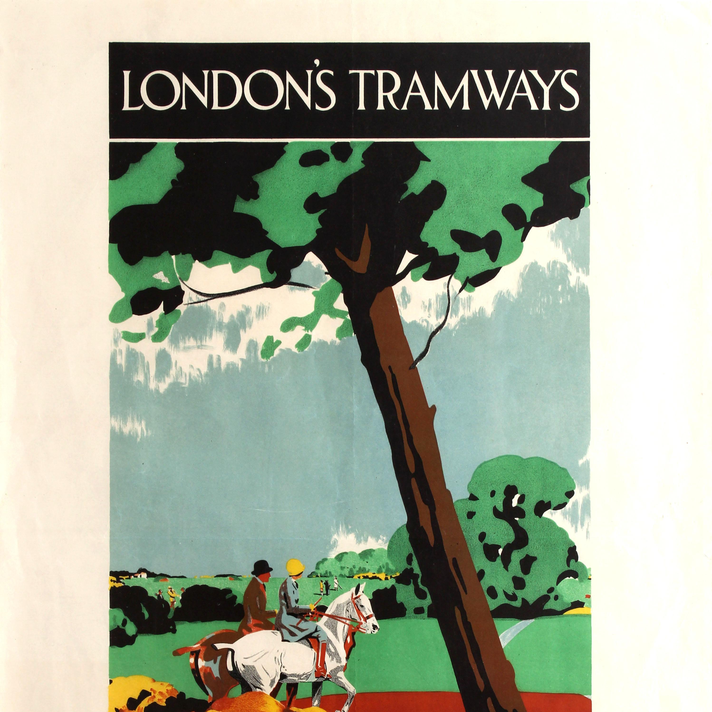 Grande-Bretagne (UK) Affiche originale vintage Art Déco London Tramways pour Putney Heath et Wimbledon en vente