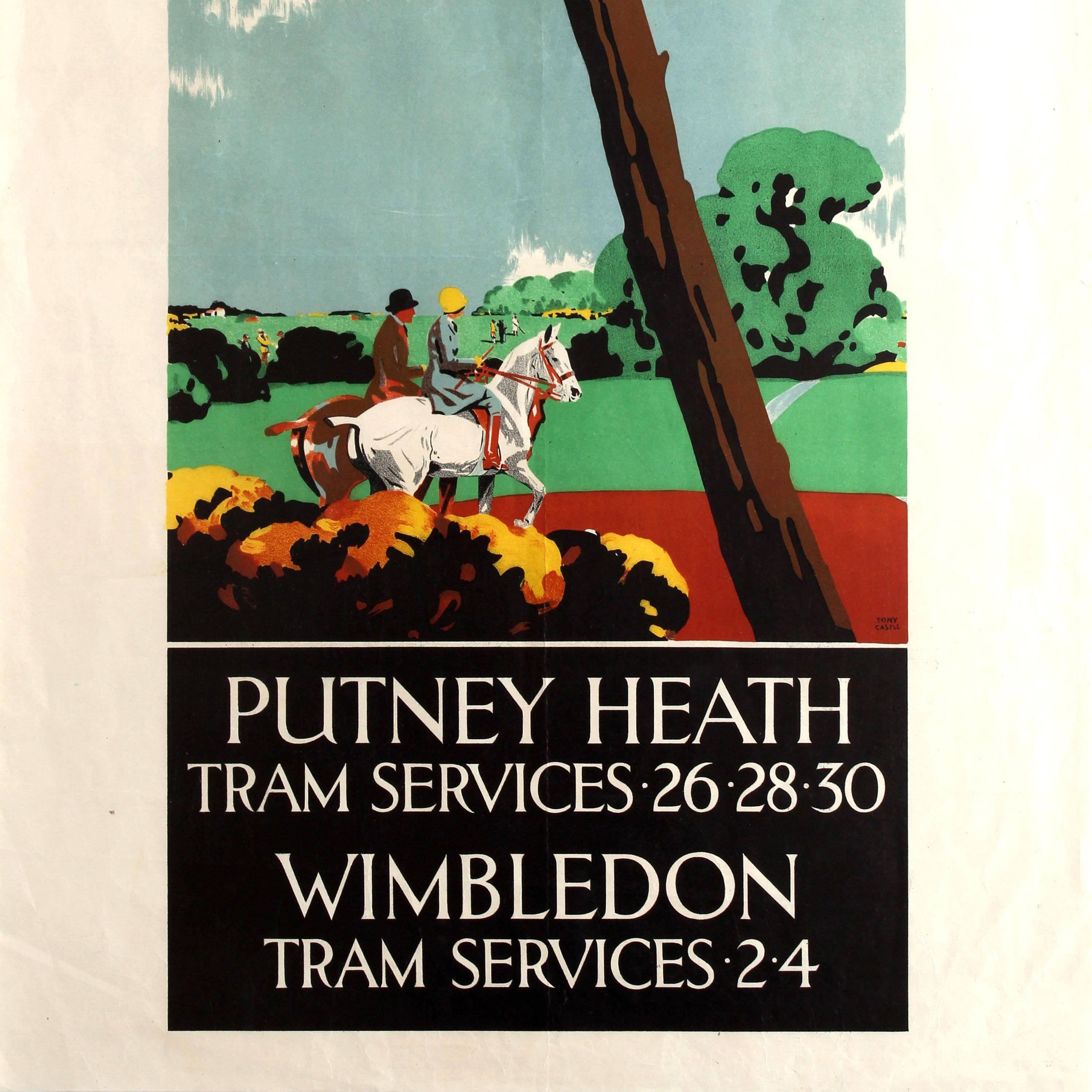 Début du 20ème siècle Affiche originale vintage Art Déco London Tramways pour Putney Heath et Wimbledon en vente