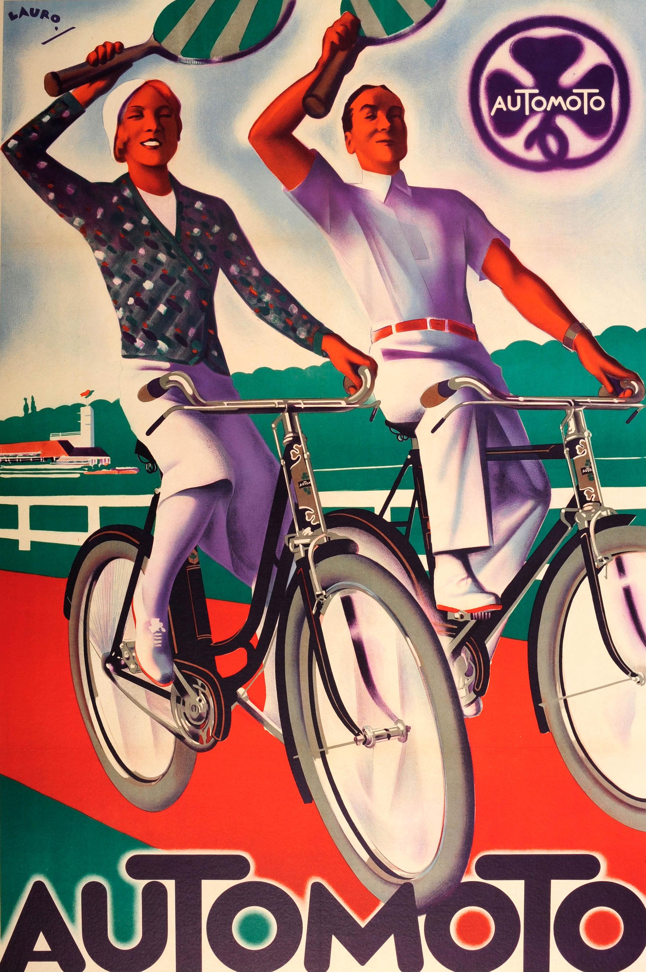Original vintage adverting poster for the French manufacturer of bicycles automoto featuring a stunning Art Deco style artwork by Maurice Lauro (b 1898) of an elegant smiling young couple wearing tennis whites and riding their automoto bikes in the