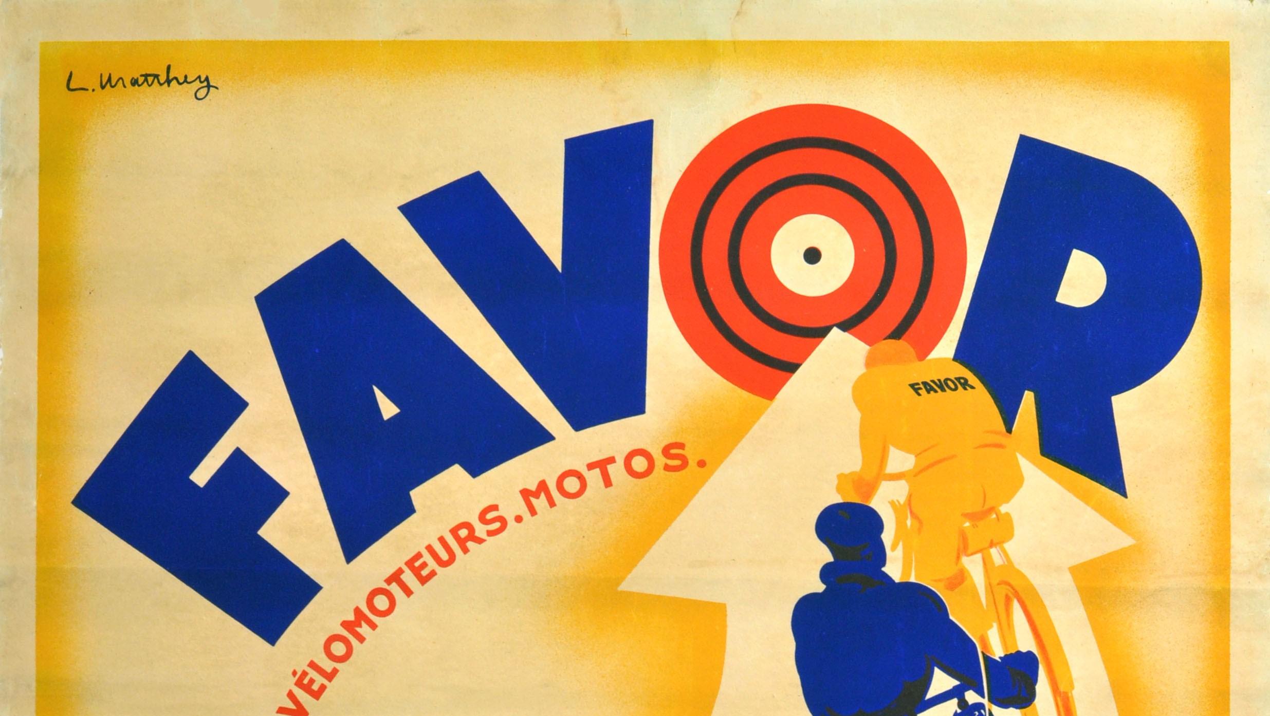 Original vintage advertising poster for Favor Cycles, Velomoteurs, Motos. Colourful image featuring three riders on their bicycles and motorbikes along an arrow pointing to the bulls eye target in the O of Favor with the slogan 