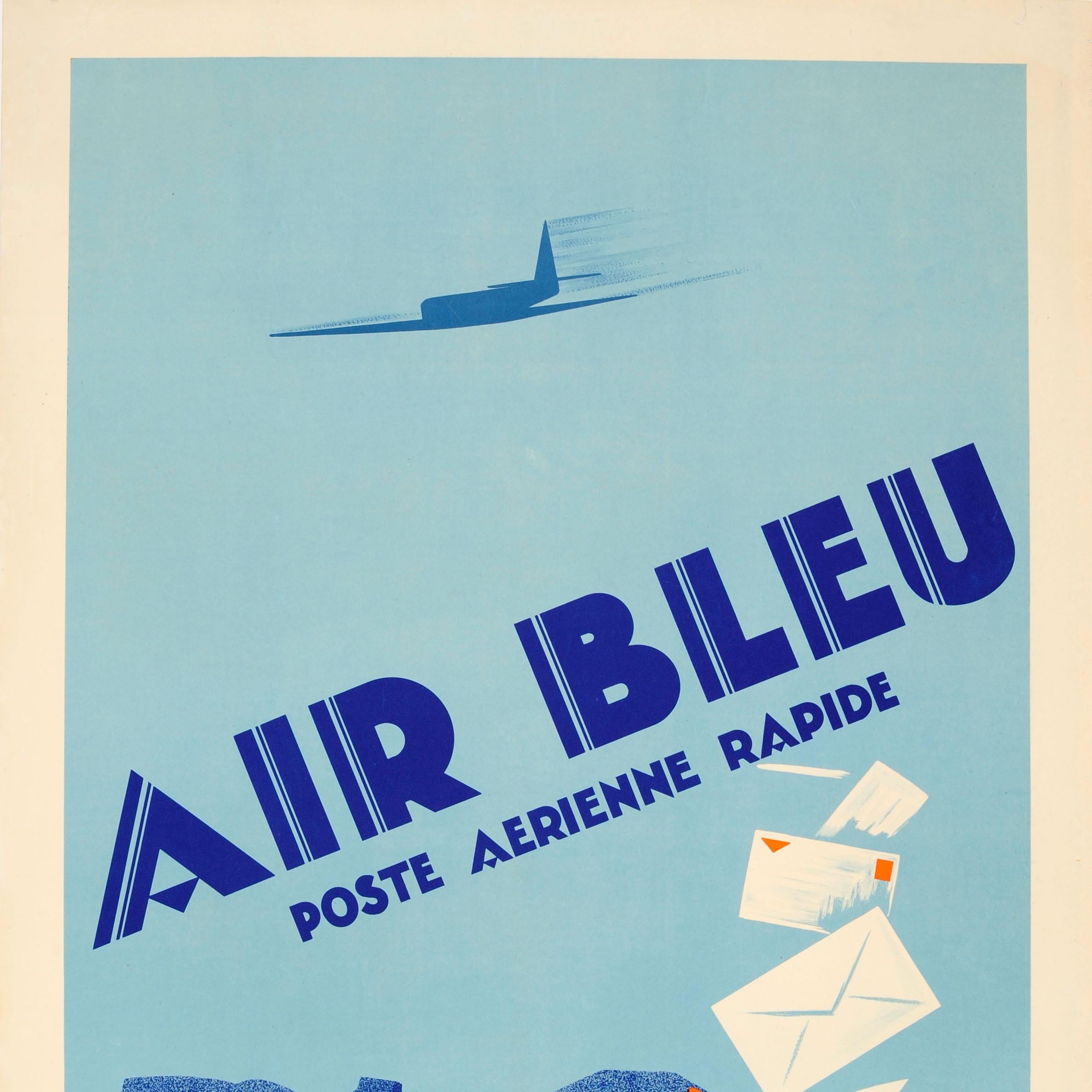 French Original Vintage Art Deco Poster for Air Bleu Poste Aerienne Rapide Air Mail For Sale
