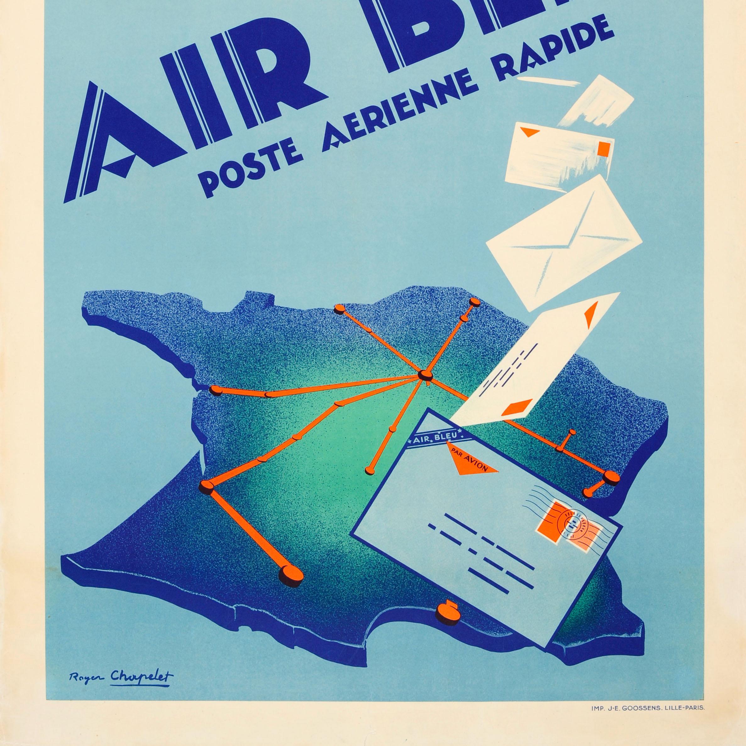 French Original Vintage Art Deco Poster for Air Bleu Poste Aerienne Rapide Air Mail For Sale