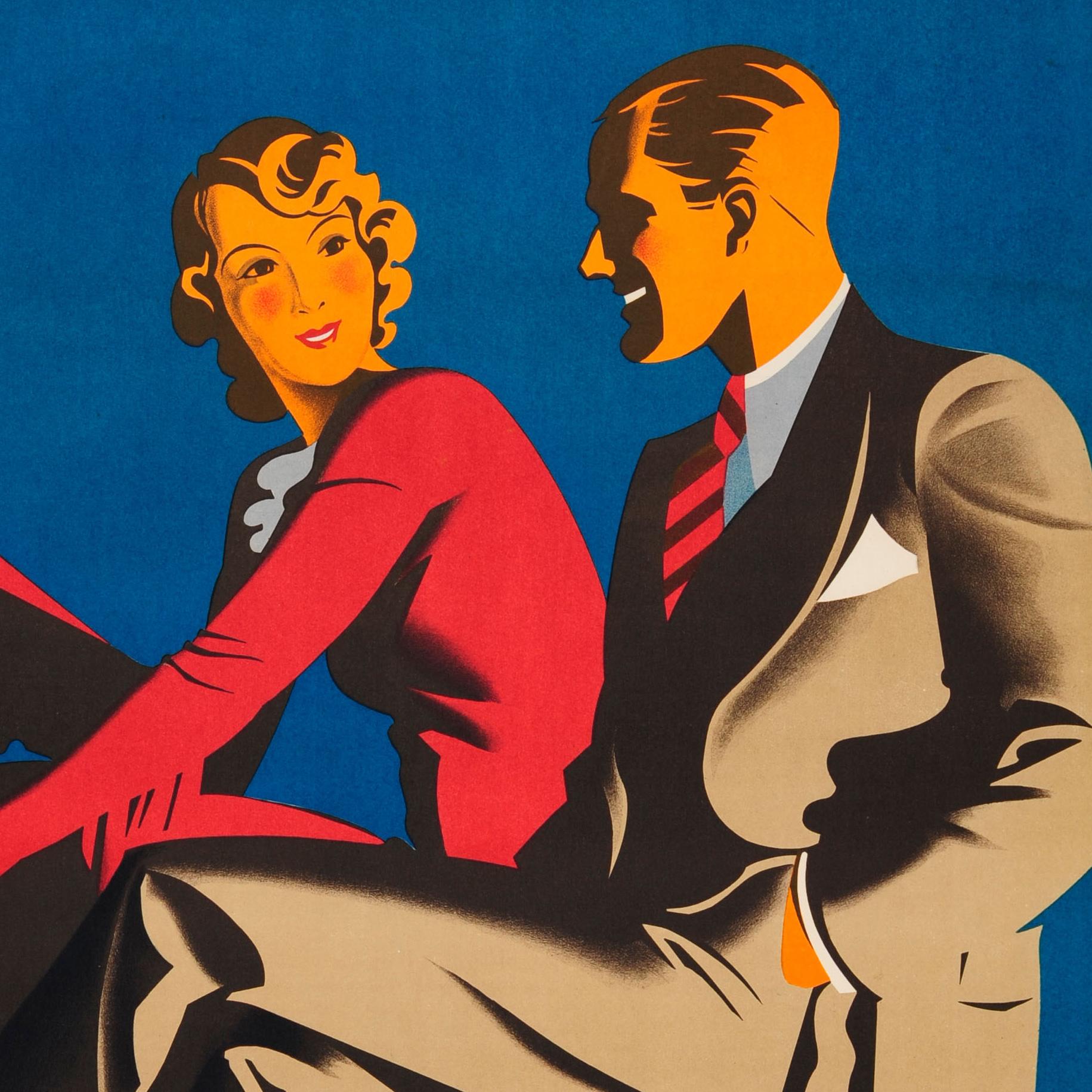 Original vintage advertising poster for Bally Shoes - So cheap and yet a Bally shoe / So billig und doch ein Bally schuh. Great Art Deco image featuring a smartly dressed gentleman in a suit sitting on a bench next to a lady in a red dress showing