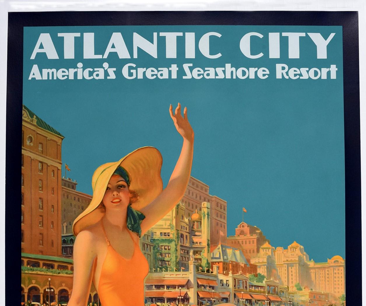 Original vintage travel advertising poster for Atlantic City America's Great Seashore Resort Pennsylvania Railroad featuring a fantastic design by Edward Eggleston (1882-1941) of a fashionable young lady wearing an orange bathing suit with green