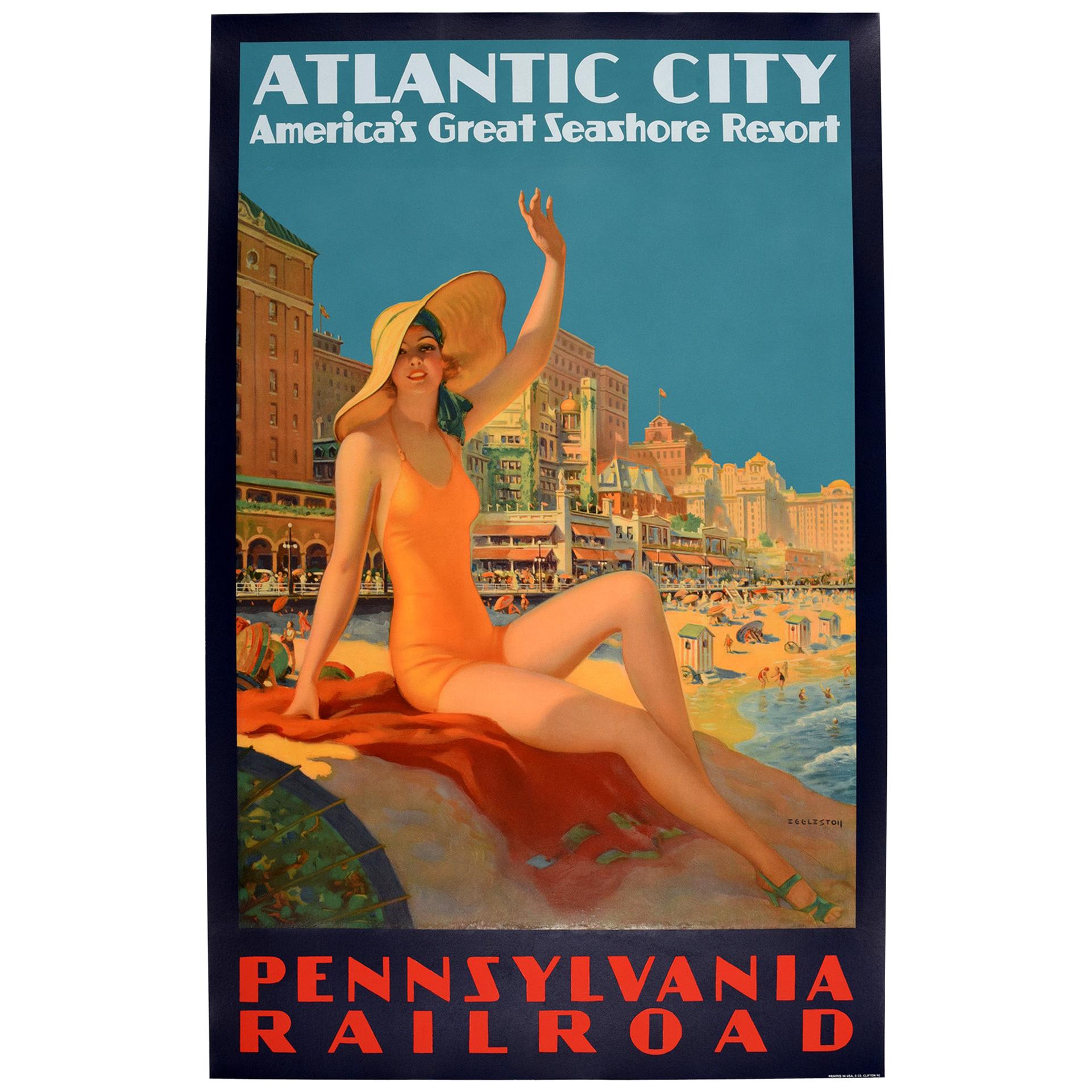 Original Vintage Art Deco Poster Pennsylvania Railroad Atlantic City Resort