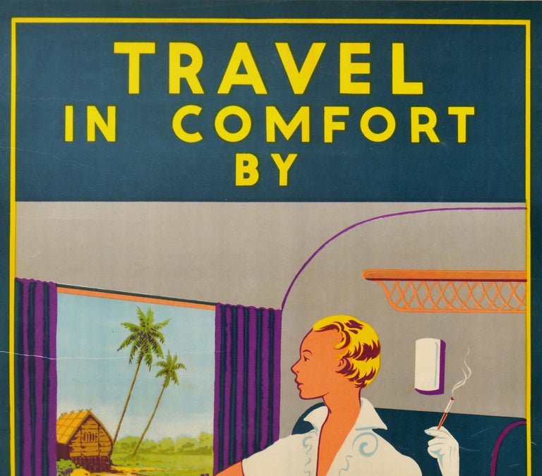 Original vintage travel poster - Travel In Comfort By Malayan Railway - featuring a stunning Art Deco design of a young lady with short blonde hair dressed in a white top and holding a cigarette in her gloved hand, looking at the scenery out of the