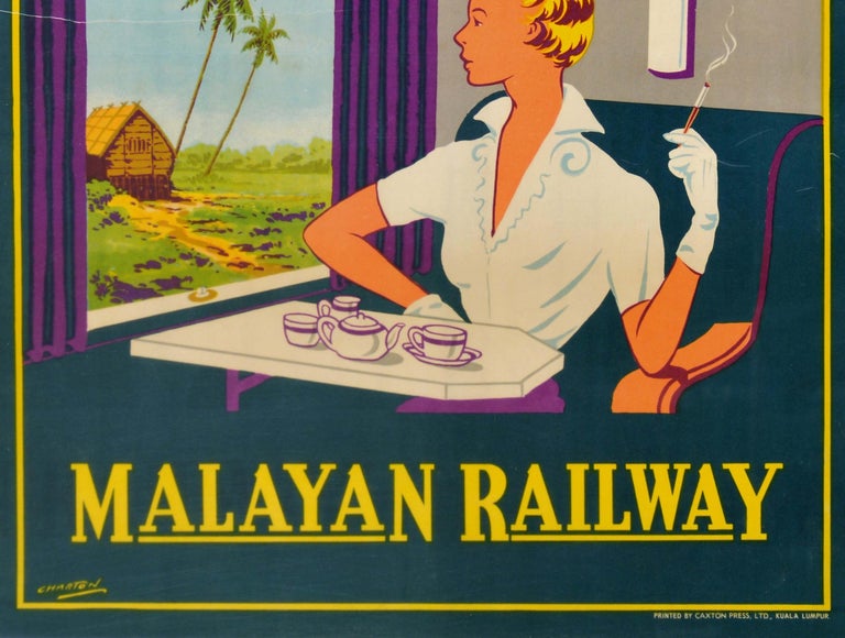 Malaysian Original Vintage Art Deco Poster Travel In Comfort By Malayan Railway Train Asia For Sale