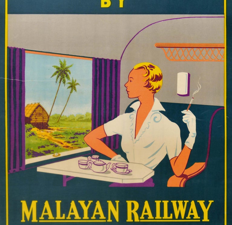 Original Vintage Art Deco Poster Travel In Comfort By Malayan Railway Train Asia In Good Condition For Sale In London, GB