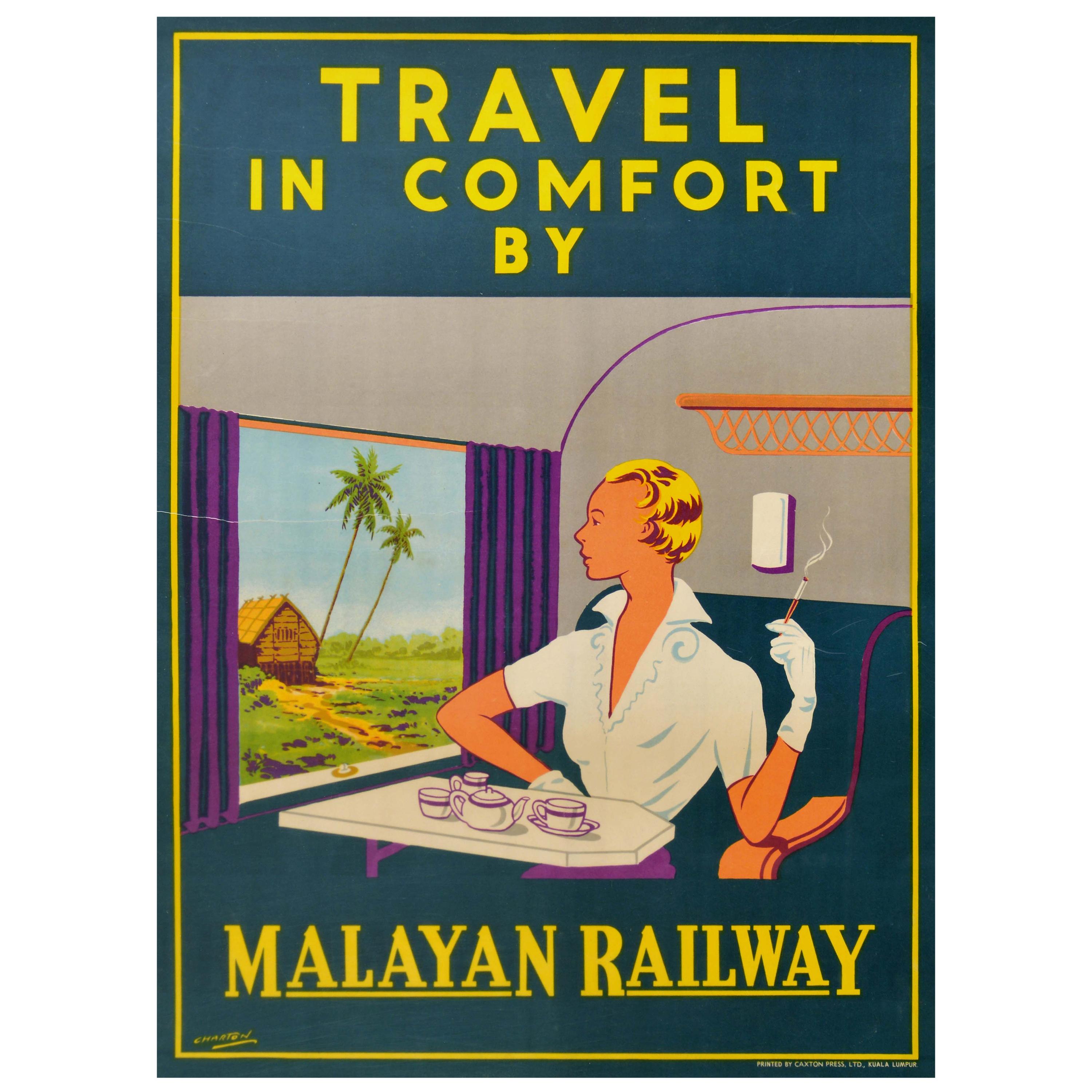 Original Vintage Art Deco Poster Travel In Comfort By Malayan Railway Train Asia