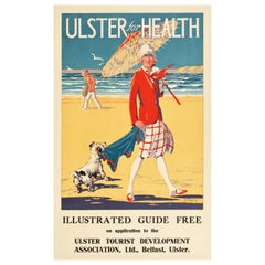 Original Vintage Art Deco Poster Ulster For Health Ireland Travel Beach Dog Walk