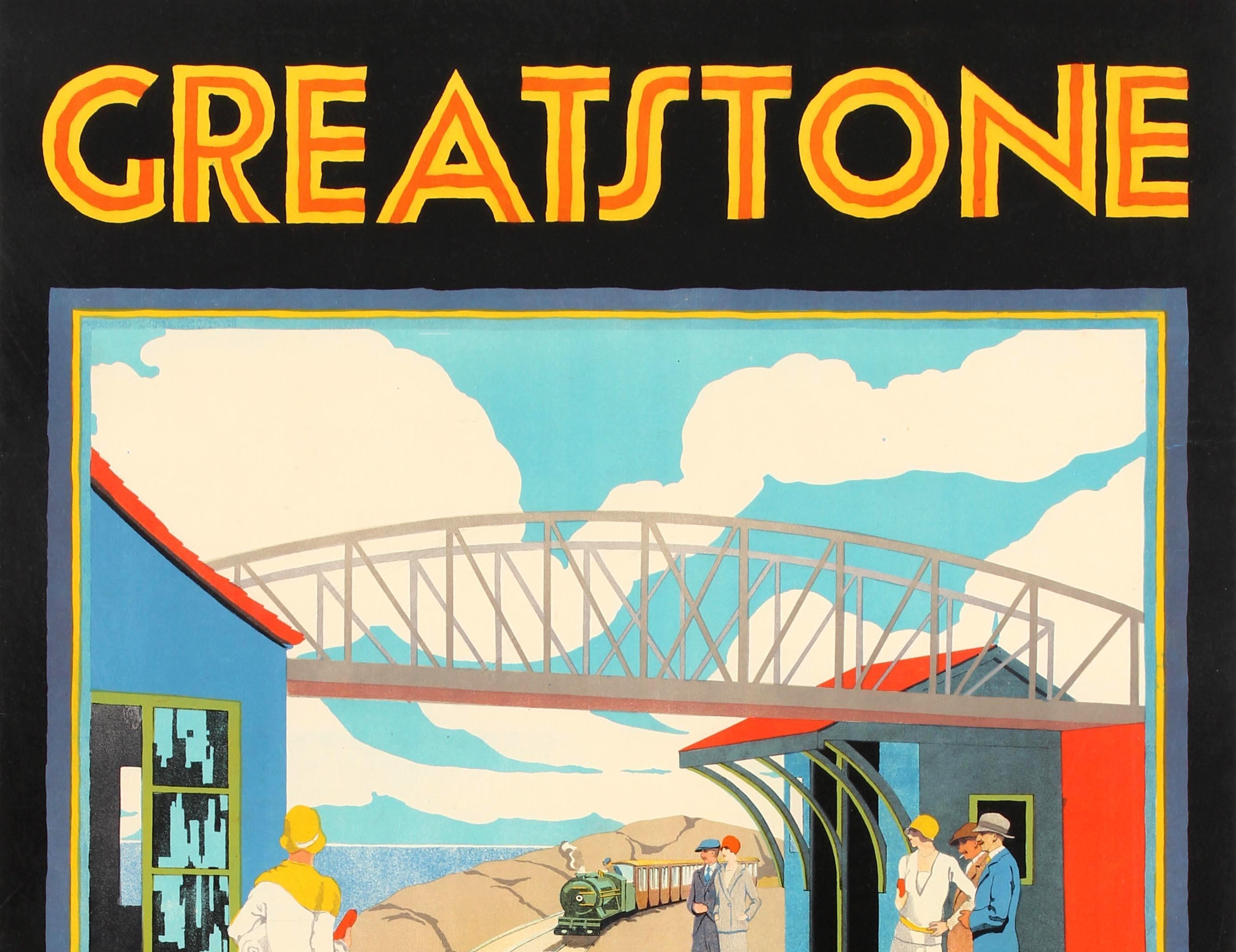 Original vintage poster for Greatstone by the Romney, Hythe and Dymchurch Railway - the world's smallest public railway. Stunning Art Deco image of the train pulling into the Greatstone Dunes station where smartly dressed men in suits and ladies in