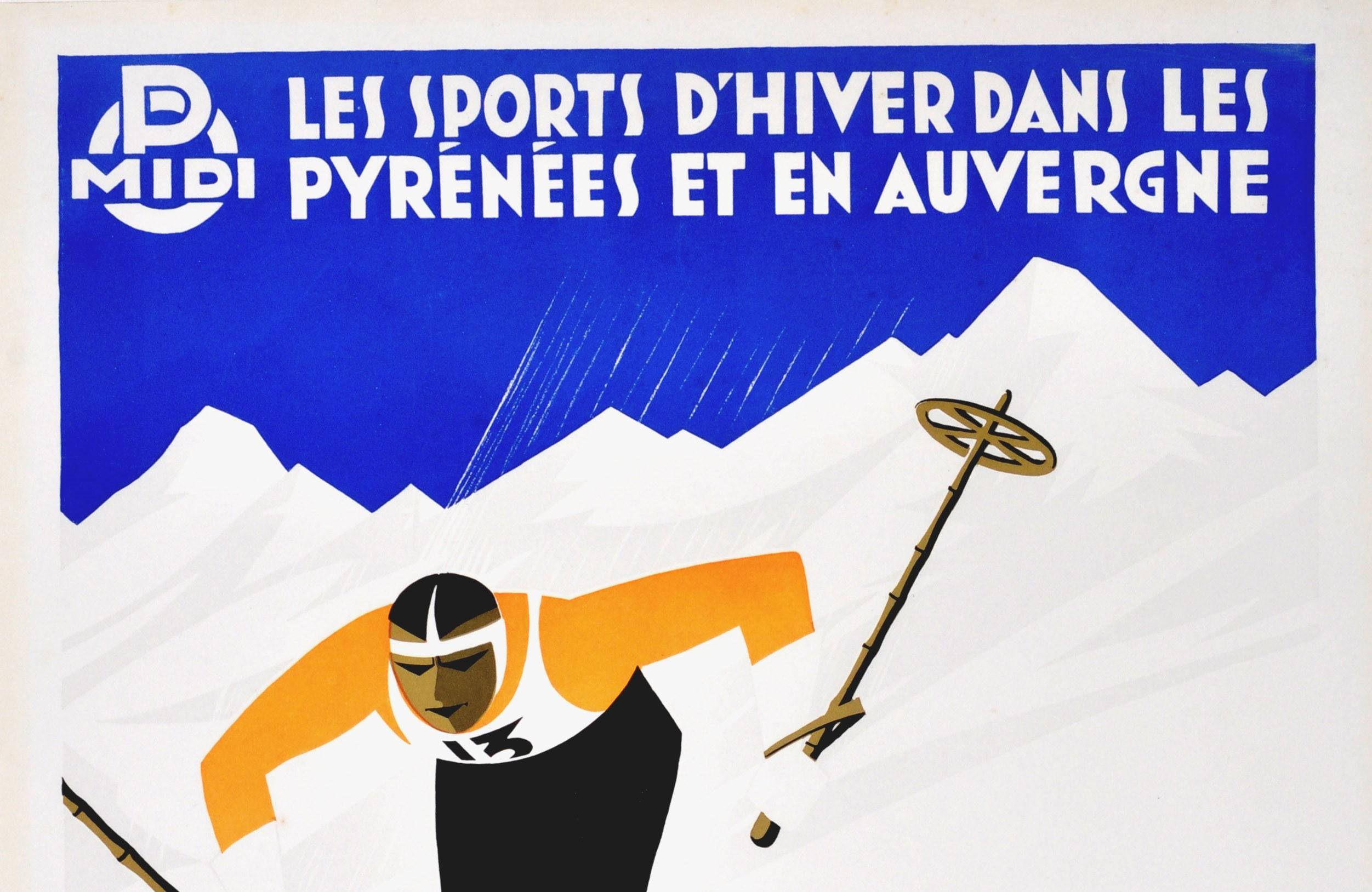 Original vintage skiing poster - Les Sport d'Hiver dans les Pyrenees et en Auvergne / winter sport in the Pyrenees and Auvergne. Dynamic Art Deco style image of a competitive skier zooming down the mountain with white text and the logo on the blue