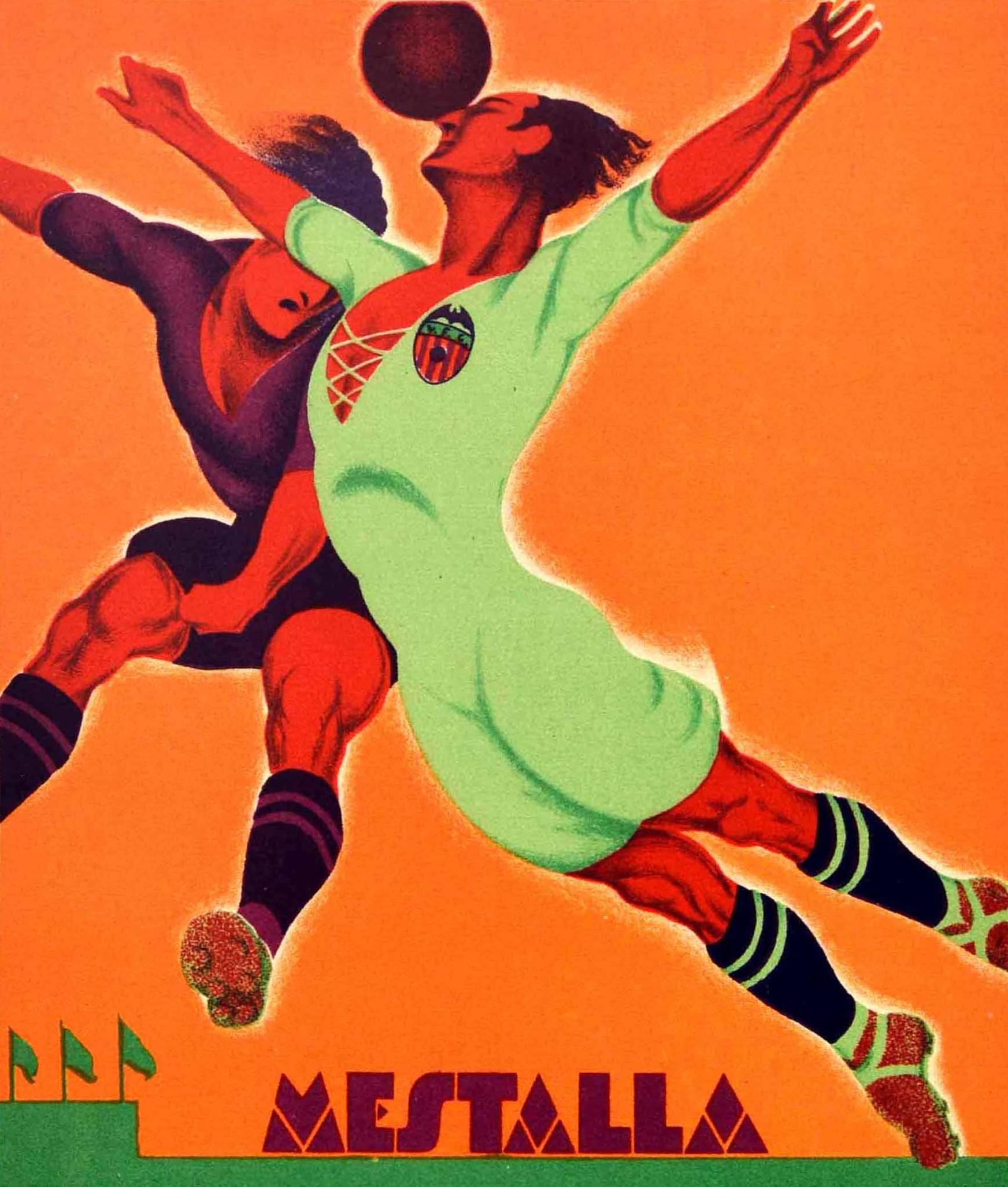 Spanish Original Vintage Art Deco Sport Poster Football Mestalla Stadium Valencia Spain