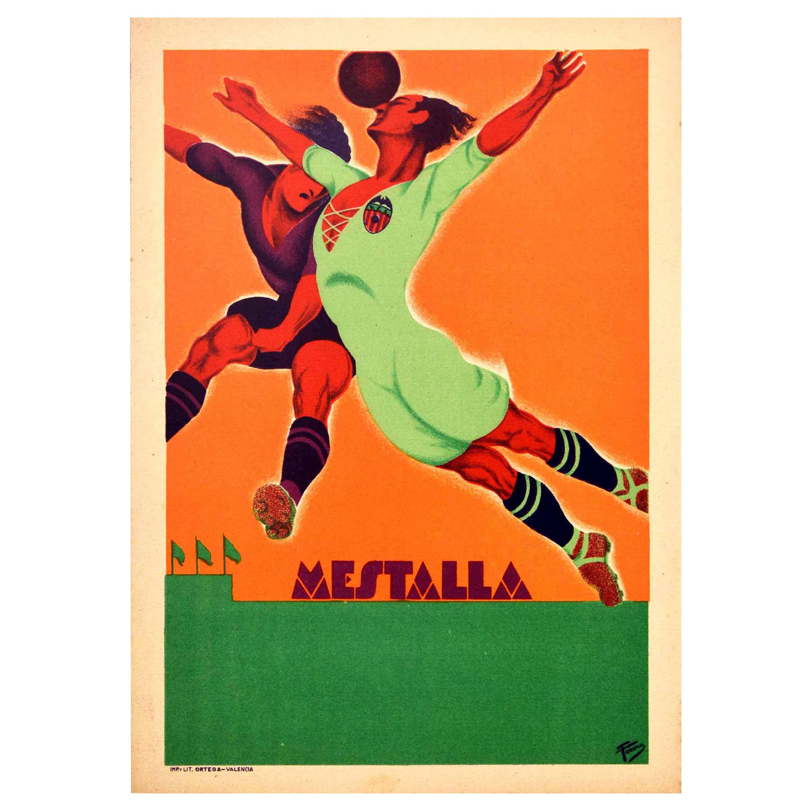 Original Vintage Art Deco Sport Poster Football Mestalla Stadium Valencia Spain