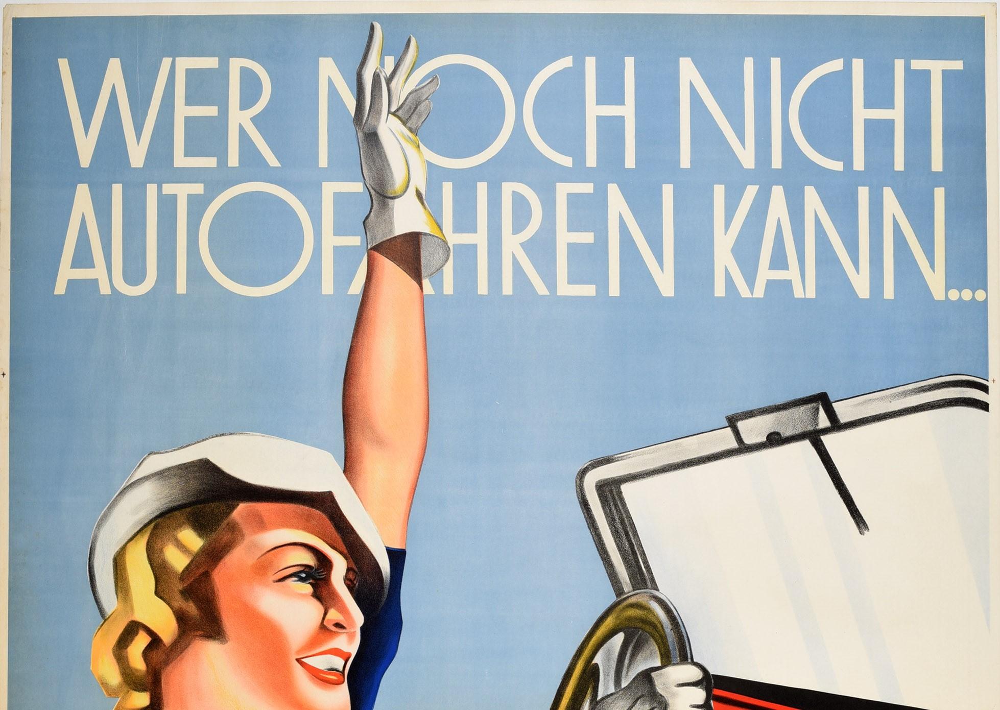 Original vintage advertising poster for the Lattermann Driving School featuring a great Art Deco style illustration of a smiling blonde lady wearing white driving gloves and a white hat sitting in an open top car with one hand on the steering wheel