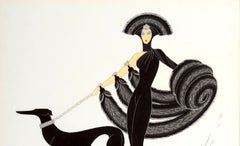 Original Vintage Art Deco Style Erte Exhibition Poster Ft Lady and Greyhound Dog