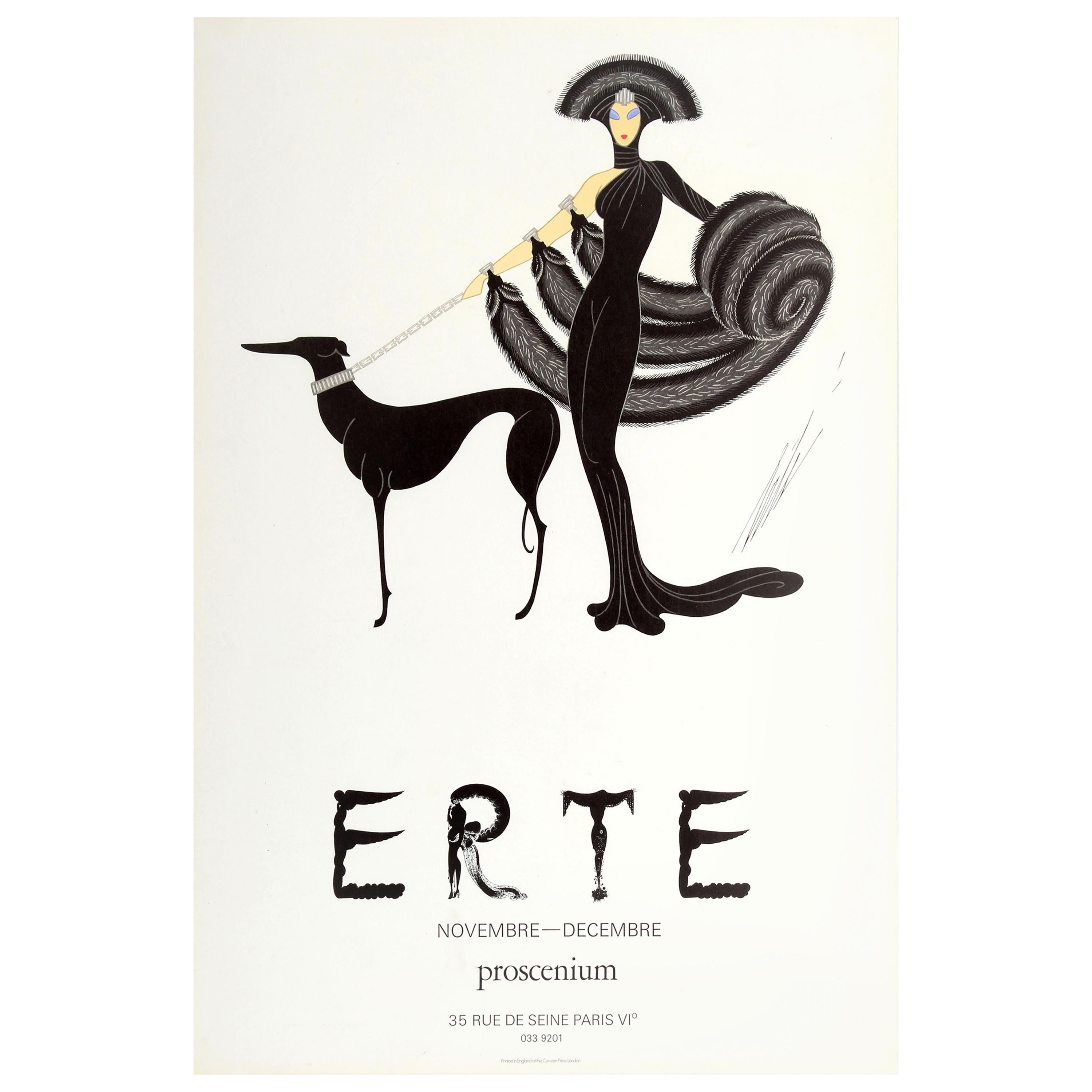 Original Vintage Art Deco Style Erte Exhibition Poster Ft Lady and Greyhound Dog