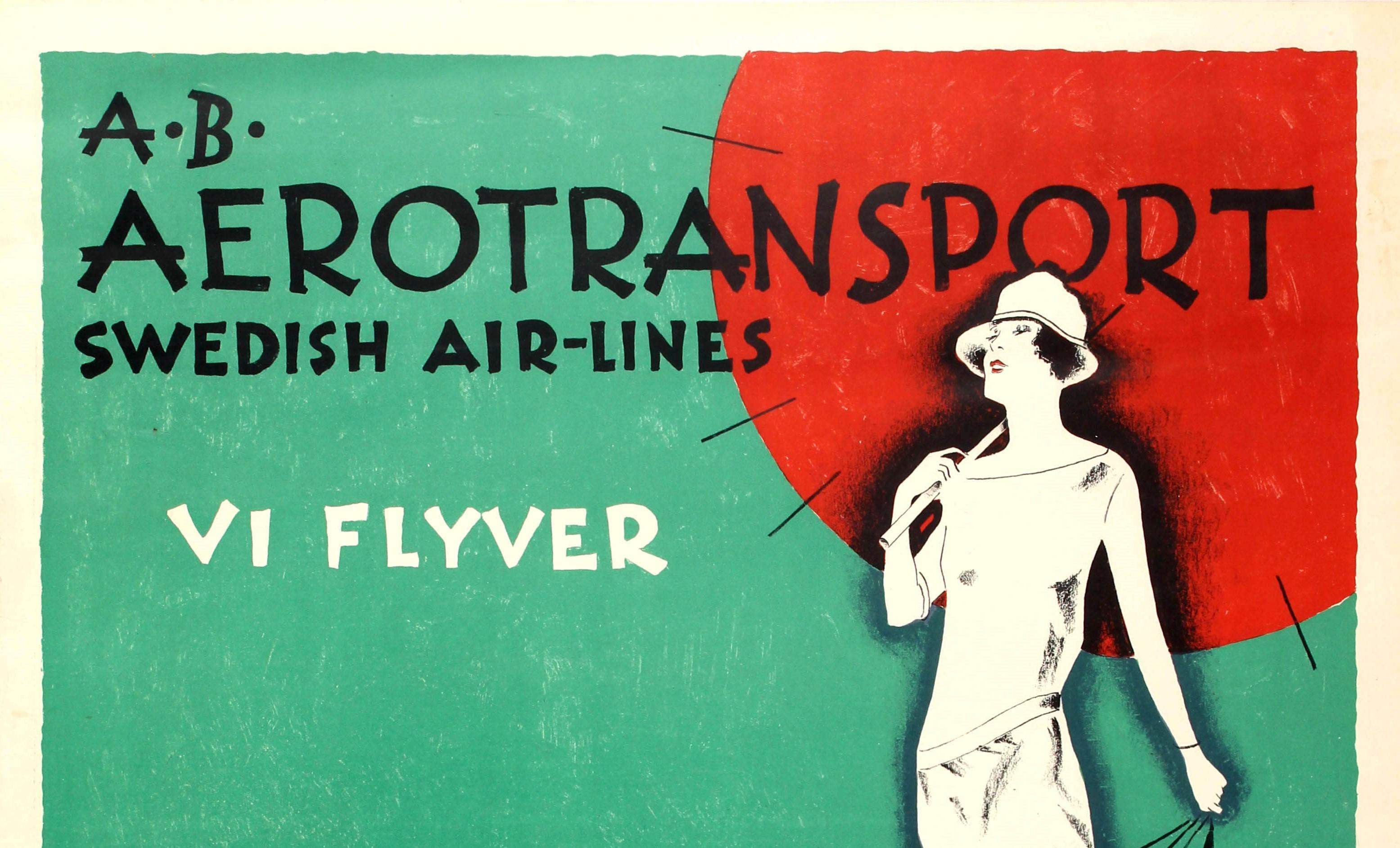 Original vintage travel advertising poster: A.B. Aerotransport Swedish Air-Lines VI Flyver. Great image by Ernst Mentze showing an elegant lady wearing a fashionable dress and hat, holding a large red umbrella in one hand and three planes on leashes