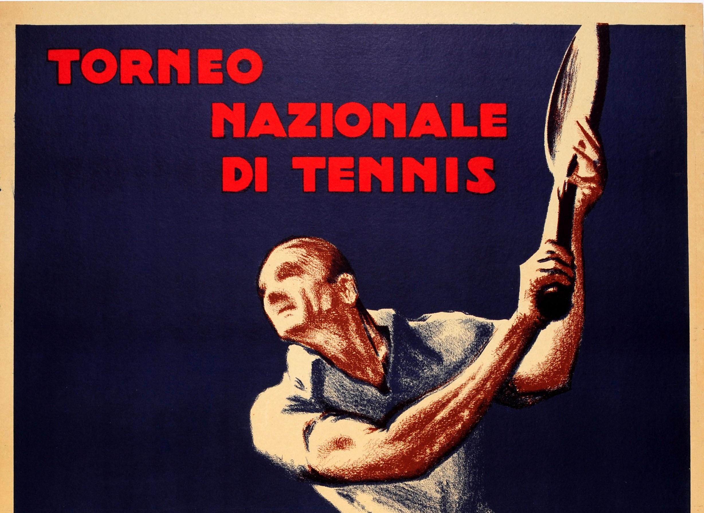 Original vintage sport poster for the Torneo Nazionale Di Tennis / National Tennis Tournament published by the Italian Tennis Federation. Dynamic art deco style illustration of a tennis player wearing a white shirt and trousers against the blue