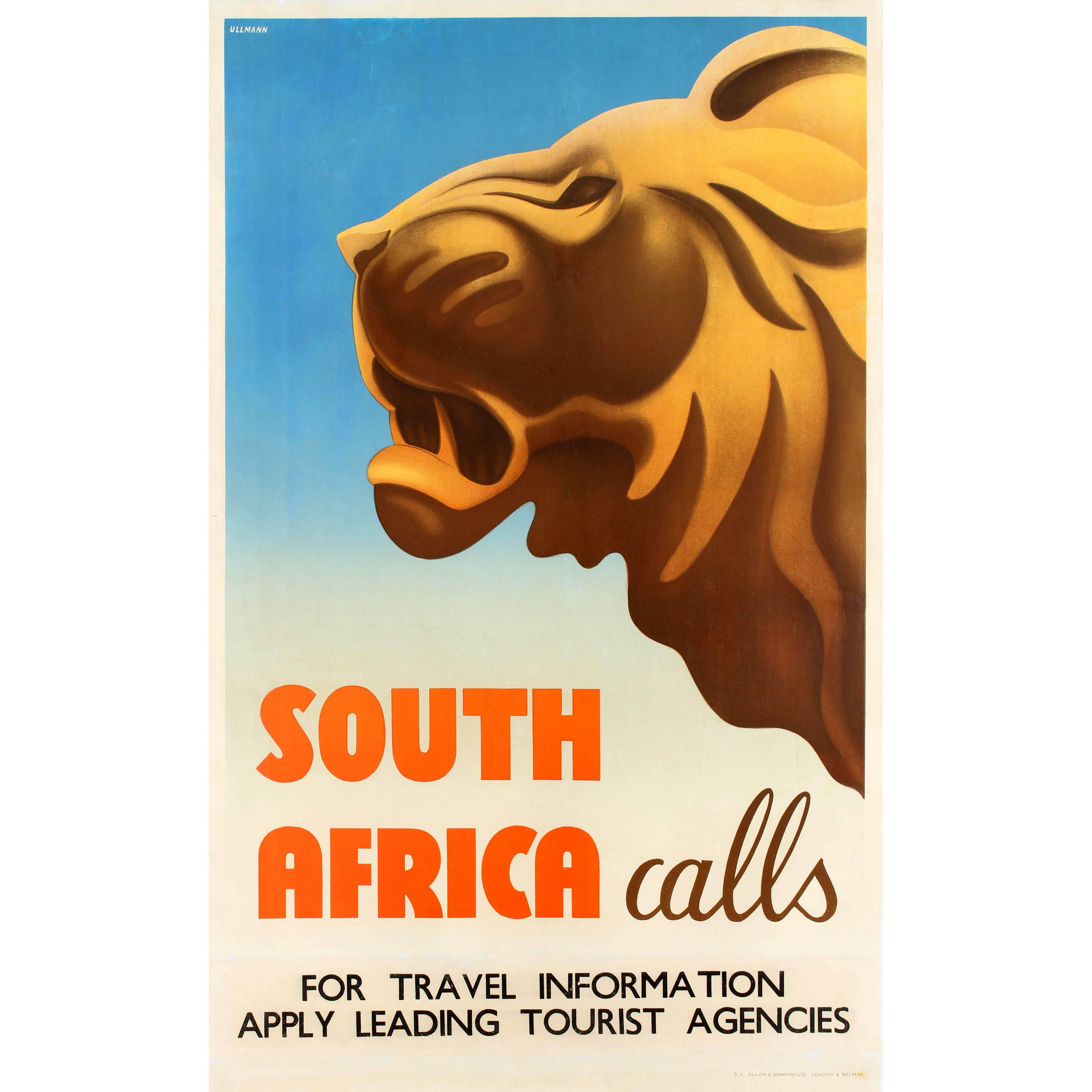 Original Vintage Art Deco Style Travel Poster Feat. A Lion - South Africa Calls