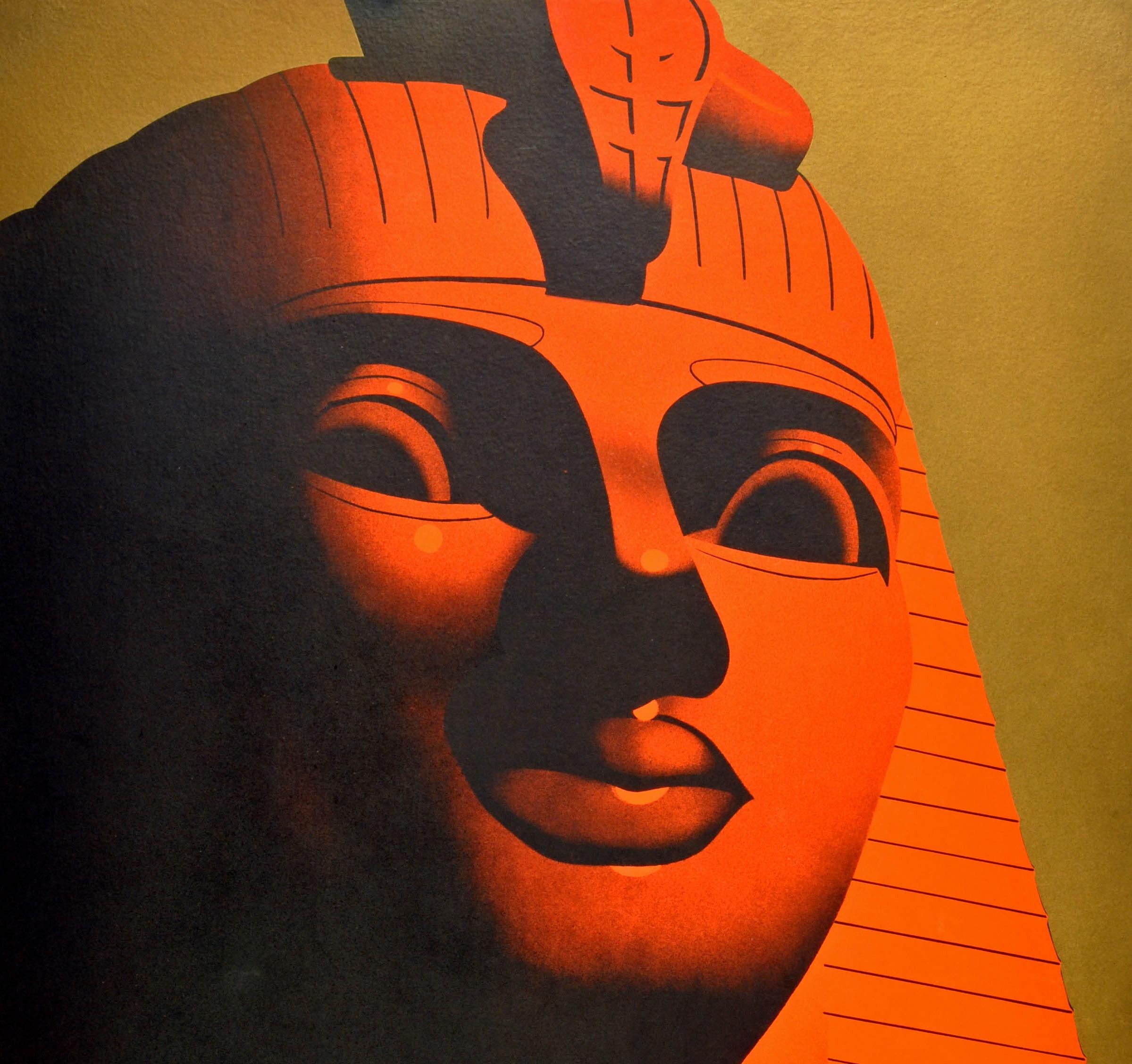 Original lithograph vintage travel poster printed for the Egyptian Government Tourist State Dept. (North Africa). Egypt for Winter Sunshine. Great Art Deco image of the Great Sphinx of Giza in bold colours, red and black on a gold background. Very