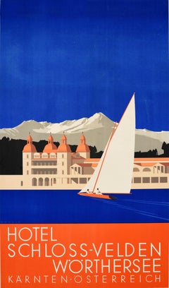 Original Vintage Art Deco Travel Poster Hotel Schloss Velden Lake Worth Austria