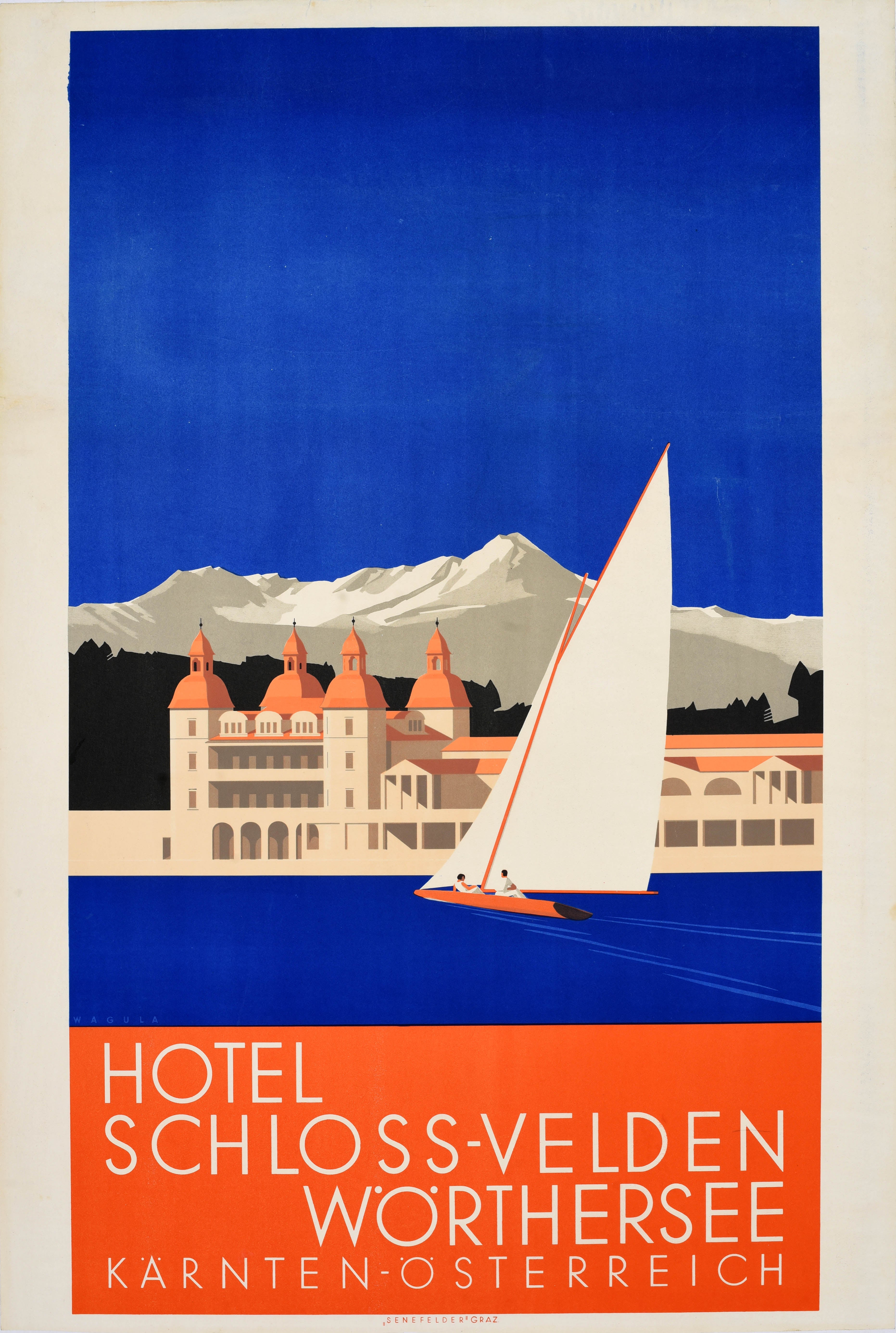 Original Vintage Art Deco Travel Poster Hotel Schloss Velden Lake Worth Austria