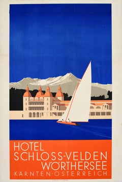 Original Vintage Art Deco Travel Poster Hotel Schloss Velden Lake Worth Austria