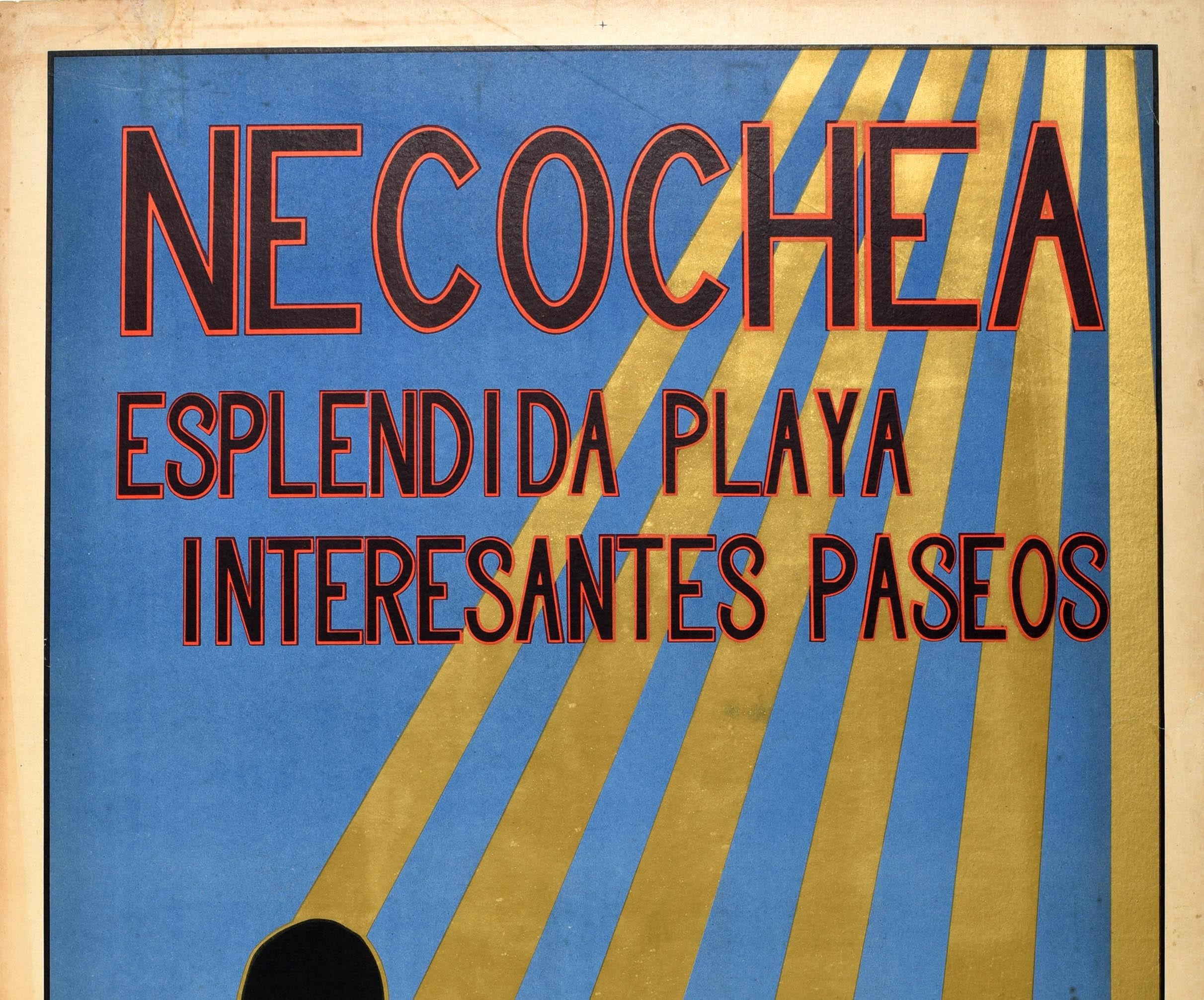 Original vintage travel poster for Necochea Splendid beach Interesting walks / Esplendida playa Interesantes paseos featuring a stunning Art Deco design depicting the silhouette of a lady relaxing on a sandy beach looking at the sea with her red sun