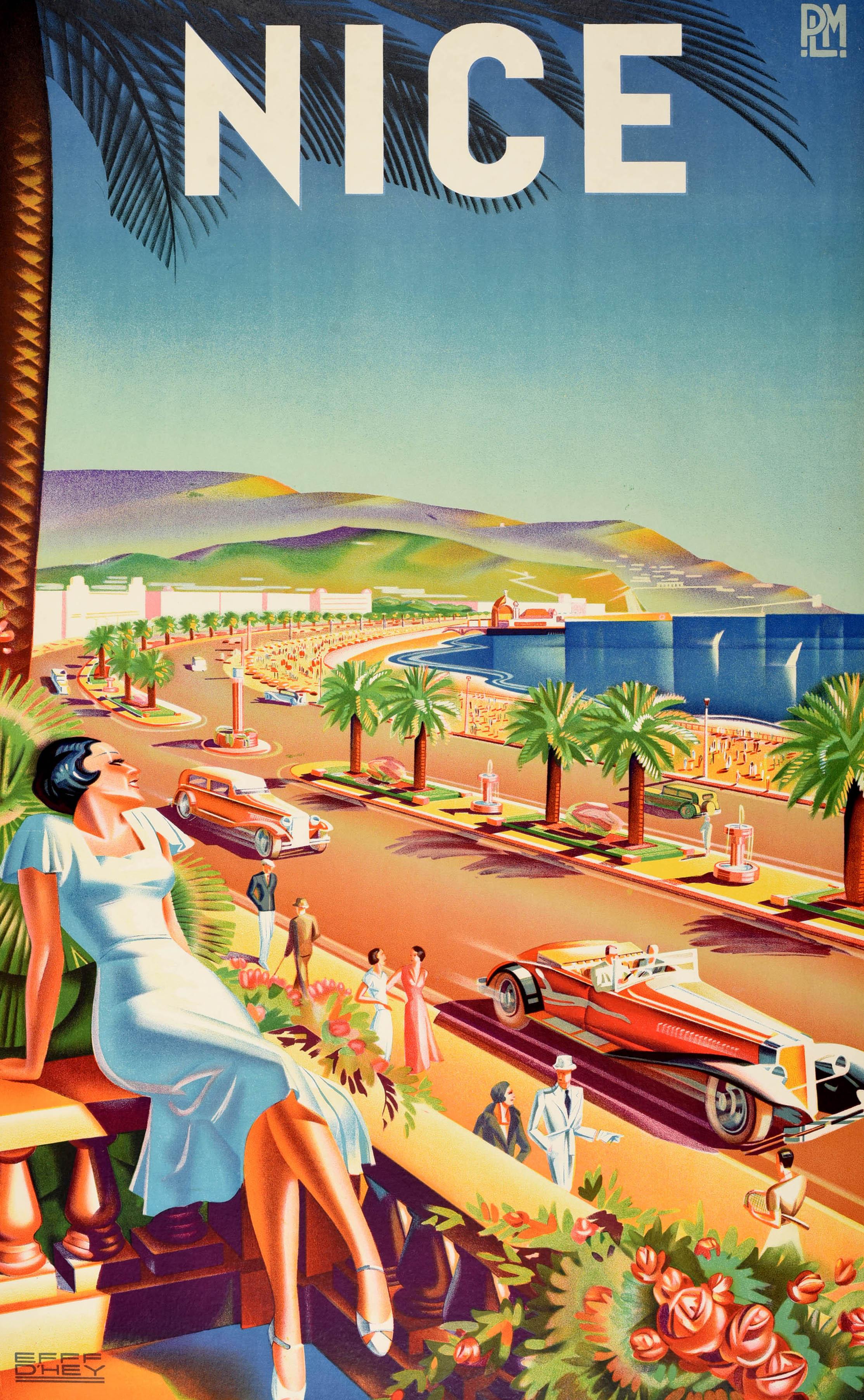 Original vintage Art Deco travel poster issued by the PLM Paris Lyon Mediterranee railway for Nice featuring stunning artwork depicting an elegant lady relaxing on a balcony with a view of fashionably dressed people walking next to classic cars on