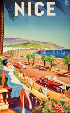 Original Vintage Art Deco Travel Poster Nice PLM Railway Paris Lyon Mediterranee