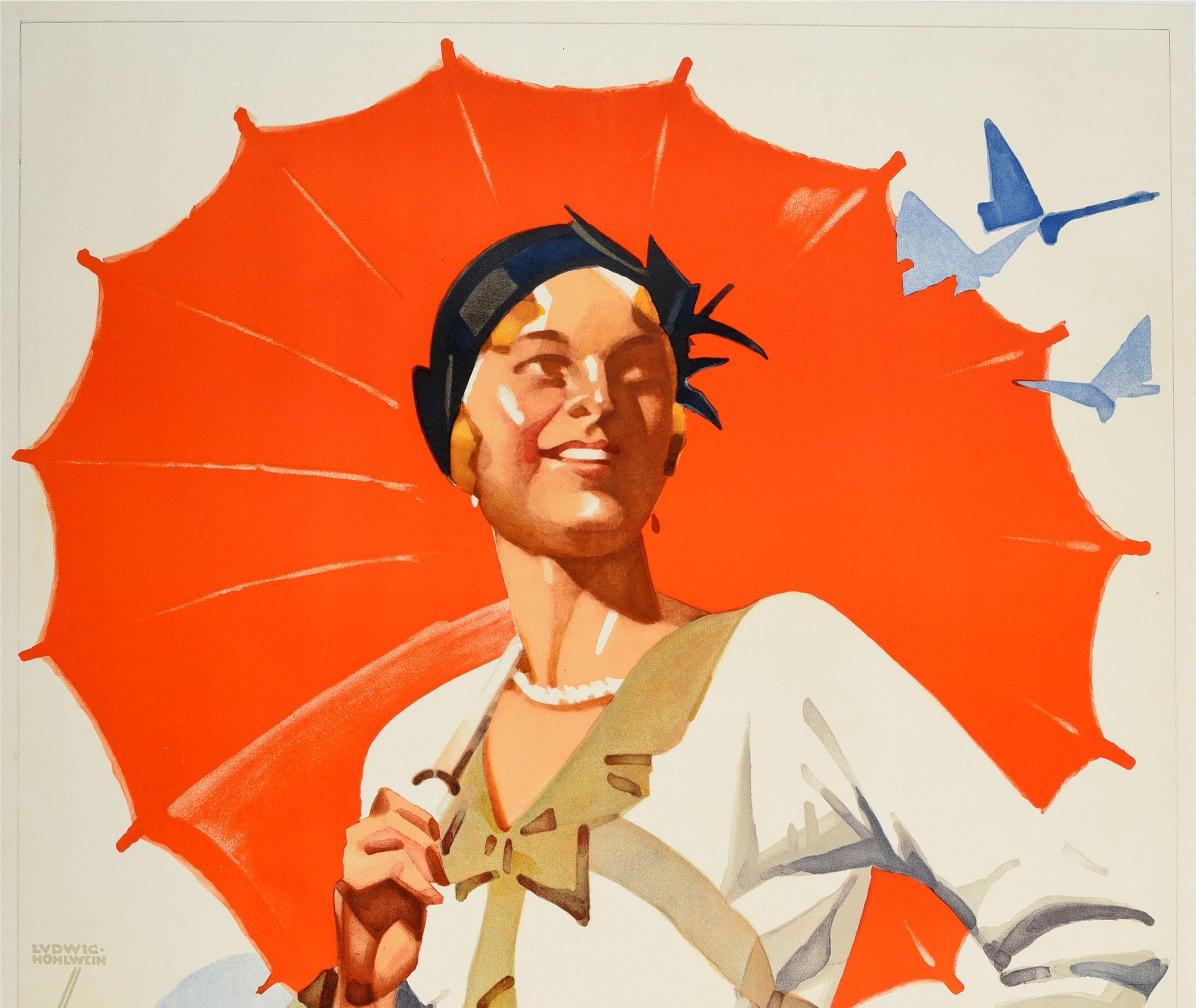 Affiche de voyage Art déco vintage originale - O Verao Na Alemanha / L'été en Allemagne - présentant une superbe illustration du célèbre affichiste allemand Ludwig Hohlwein (1874-1949) d'une dame à la mode en robe d'été tenant un parasol rouge avec