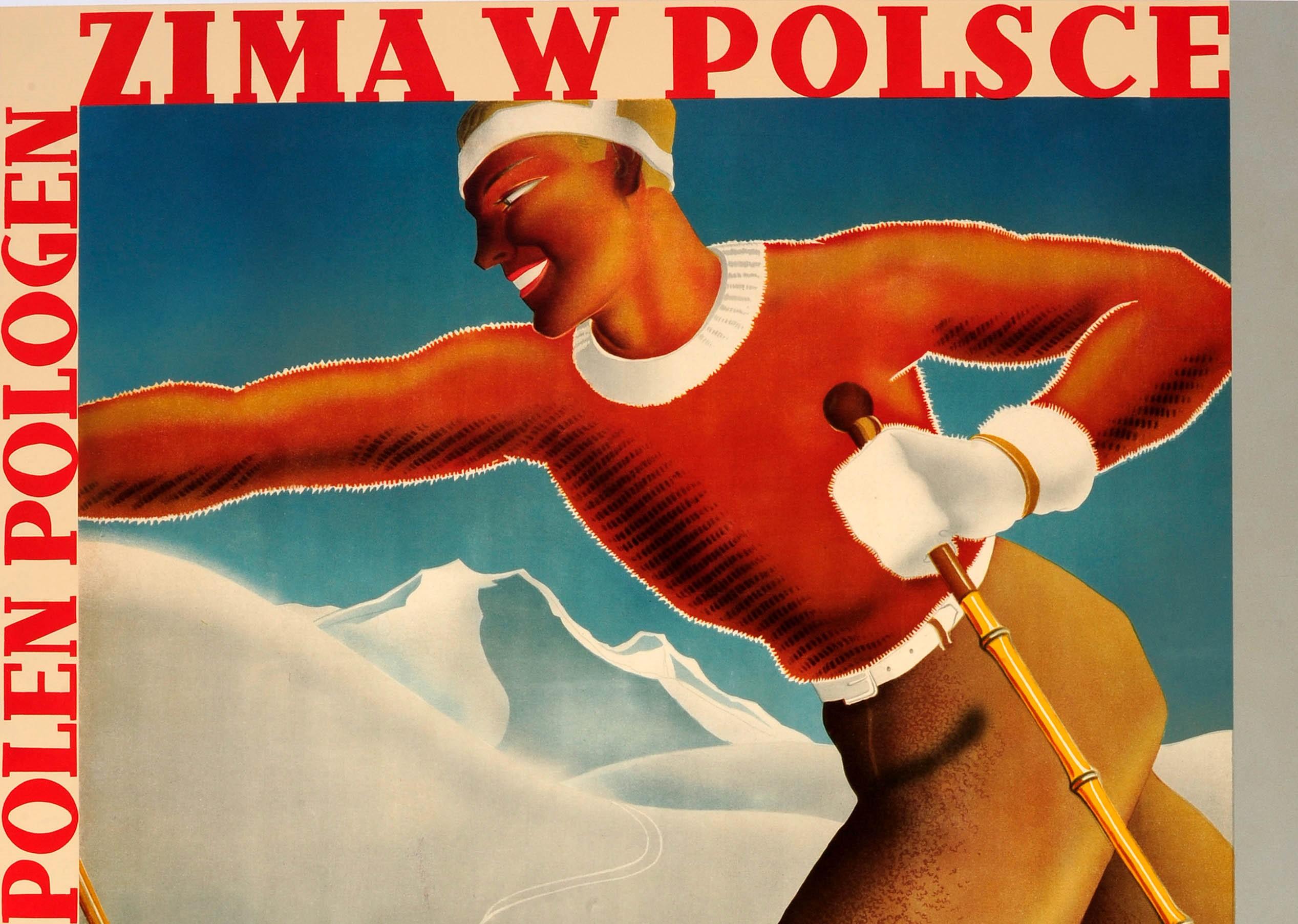 Original vintage ski poster promoting Winter in Poland / Zima w Polsce featuring a dynamic Art Deco style illustration of a skier on wooden skis and ski poles on a snowy mountain in the foreground with a snow covered wooden house and mountain peaks