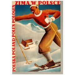 Affiche de sports d'hiver originale vintage Art déco, Pologne, Zima W Polsce