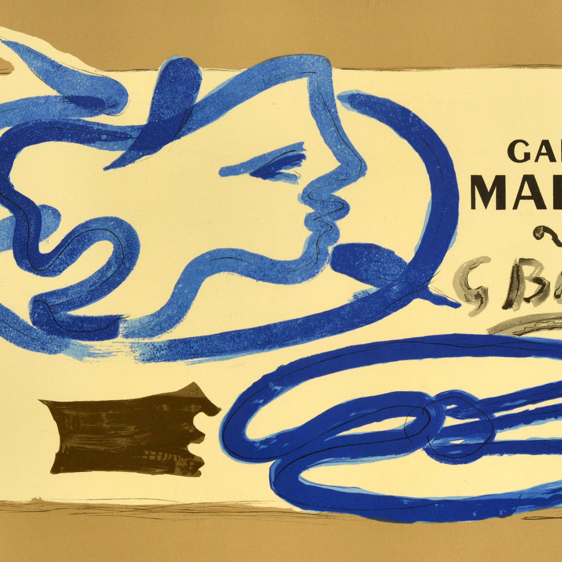 Affiche publicitaire originale d'époque pour une exposition d'œuvres de l'artiste français Georges Braque (1882-1963) à la Galerie Maeght, présentant un dessin abstrait intitulé Profil a la Palette / Palette Profile représentant la silhouette d'une