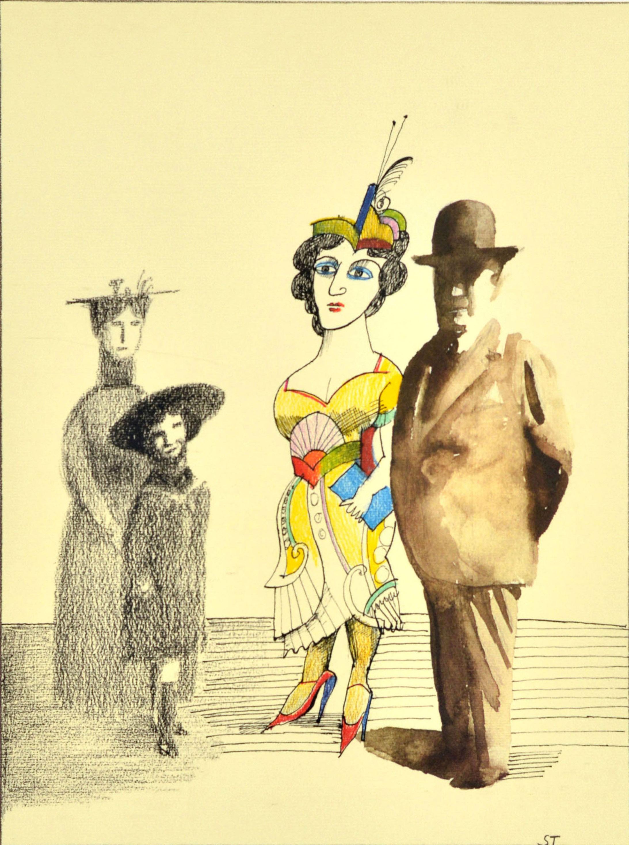 Manifesto pubblicitario originale d'epoca per una mostra d'arte di Steinberg alla Fondation Maeght 06570 Saint Paul dal 10 marzo al 20 aprile 1979, con un'illustrazione di silhouette di una signora e un bambino in grigio e un uomo con abito e