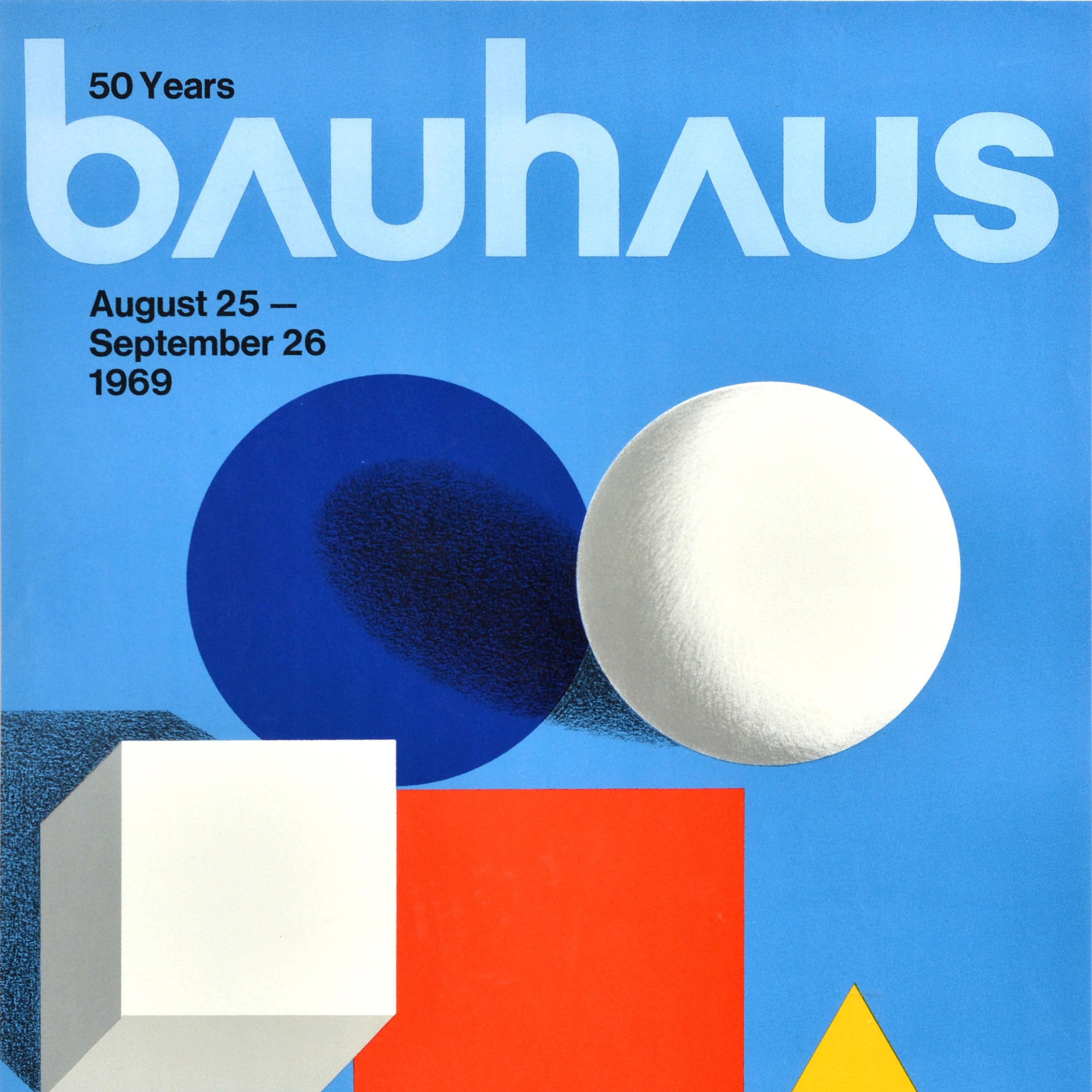 Original vintage exhibition poster for 50 Years Bauhaus held from 25 August to 26 September 1969 held at the S.R. Crown Hall Illinois Institute of Technology Chicago (IIT Illinois Tech; founded 1890) featuring minimalist composition including a blue