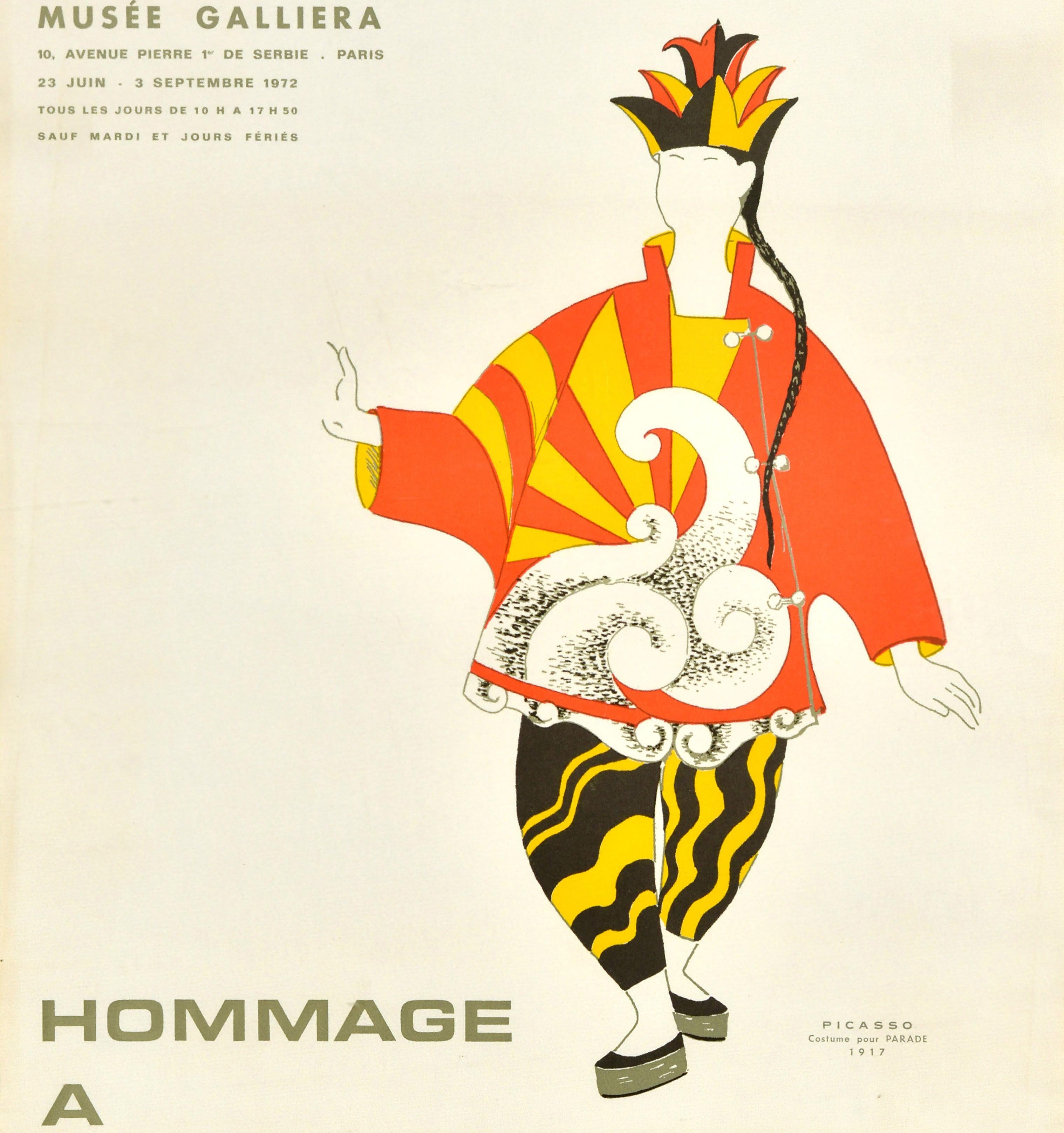 Manifesto d'epoca originale della mostra Hommage A Diaghilew / Tribute to Diaghilev tenutasi al Musee Galliera 10 Avenue Pierre 1er de Serbie Paris dal 23 giugno al 3 settembre 1972 con un'opera d'arte del noto artista e scultore spagnolo Pablo