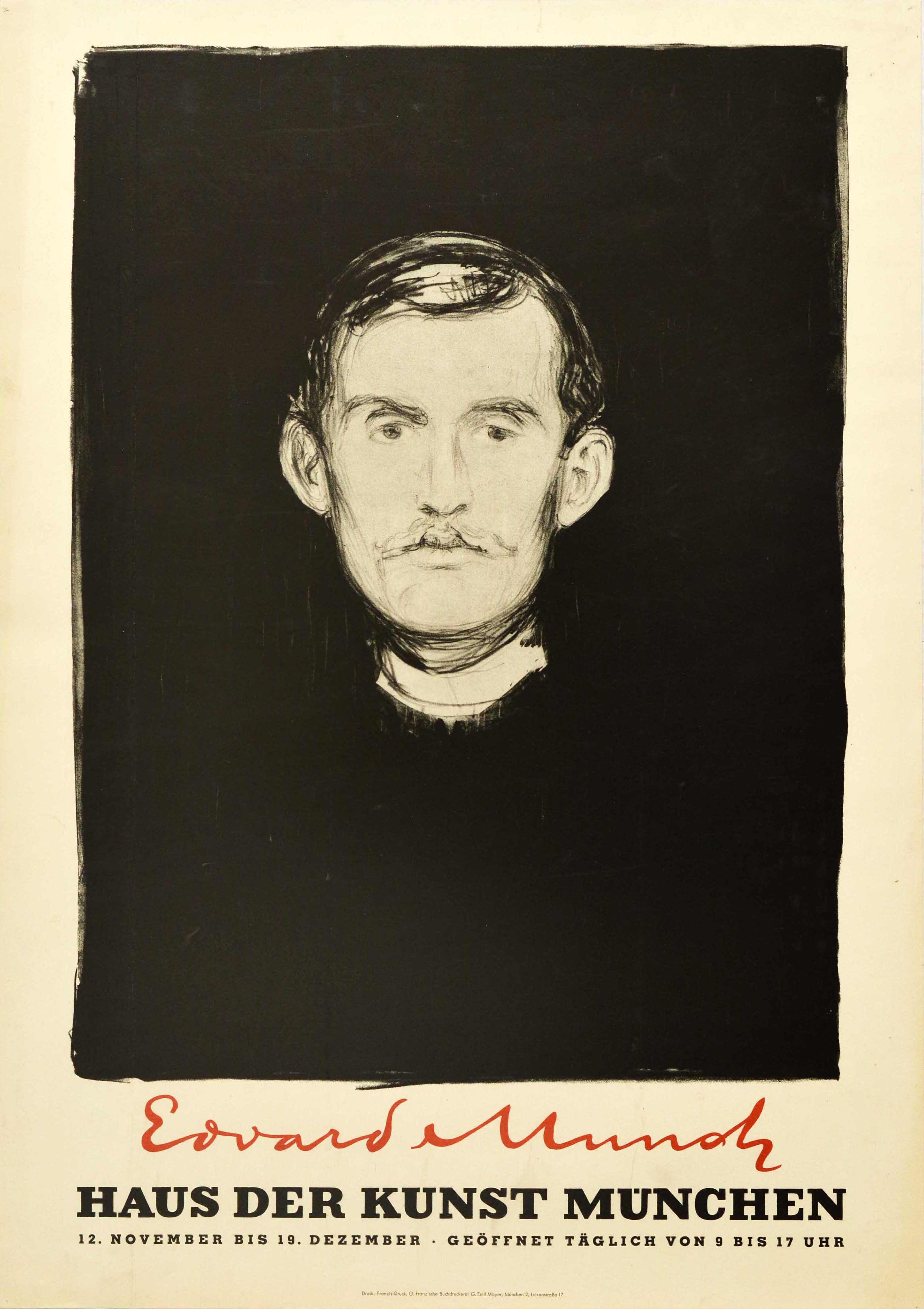 Original vintage advertising poster for an Edvard Munch exhibition held at the Haus der Kunst museum in Munich from 12 November to 19 December featuring Munch's 1895 needle and ink self-portrait depicting himself looking at the viewer set over a